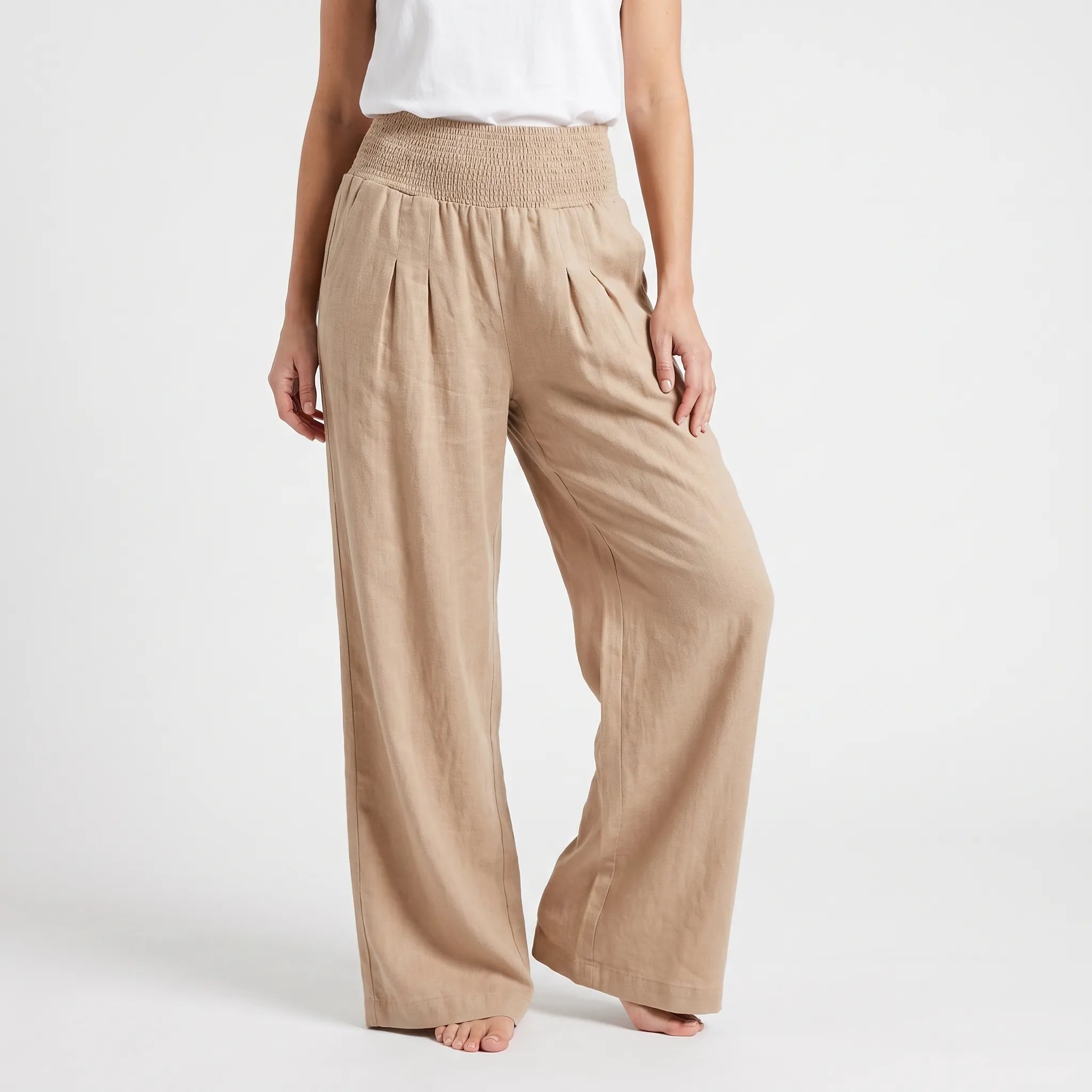 Aeraflow - High-Waisted Smocked Wide-Leg Trousers