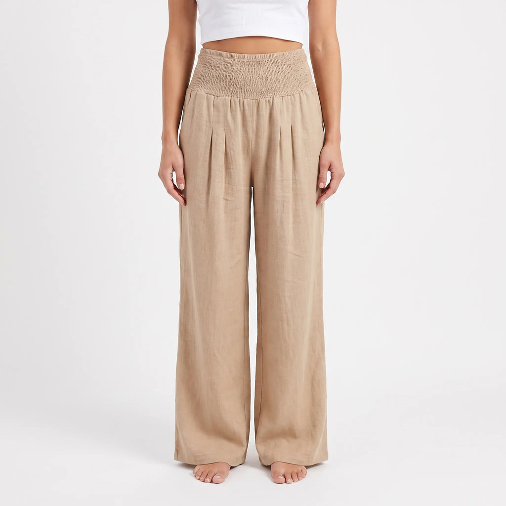 Aeraflow - High-Waisted Smocked Wide-Leg Trousers