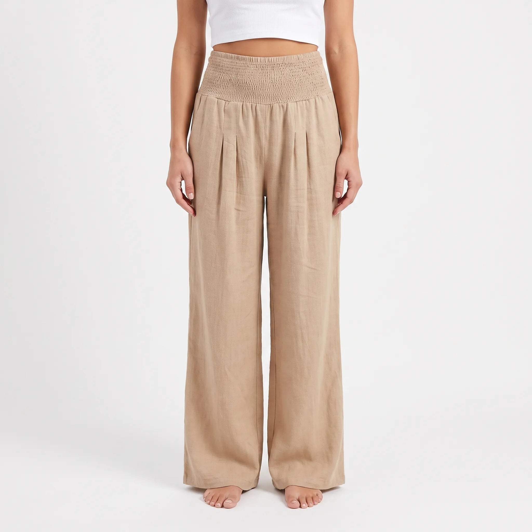Aeraflow - High-Waisted Smocked Wide-Leg Trousers