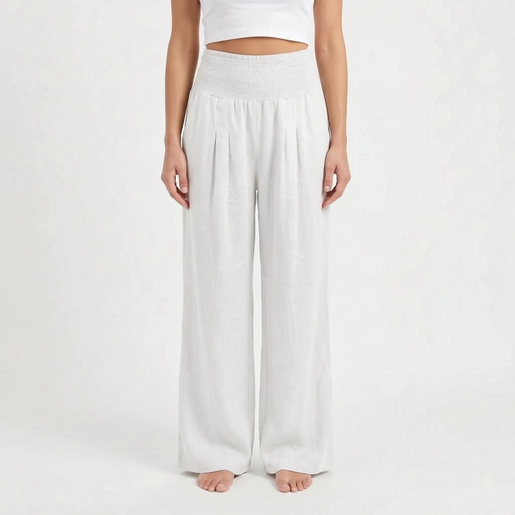 Aeraflow - High-Waisted Smocked Wide-Leg Trousers