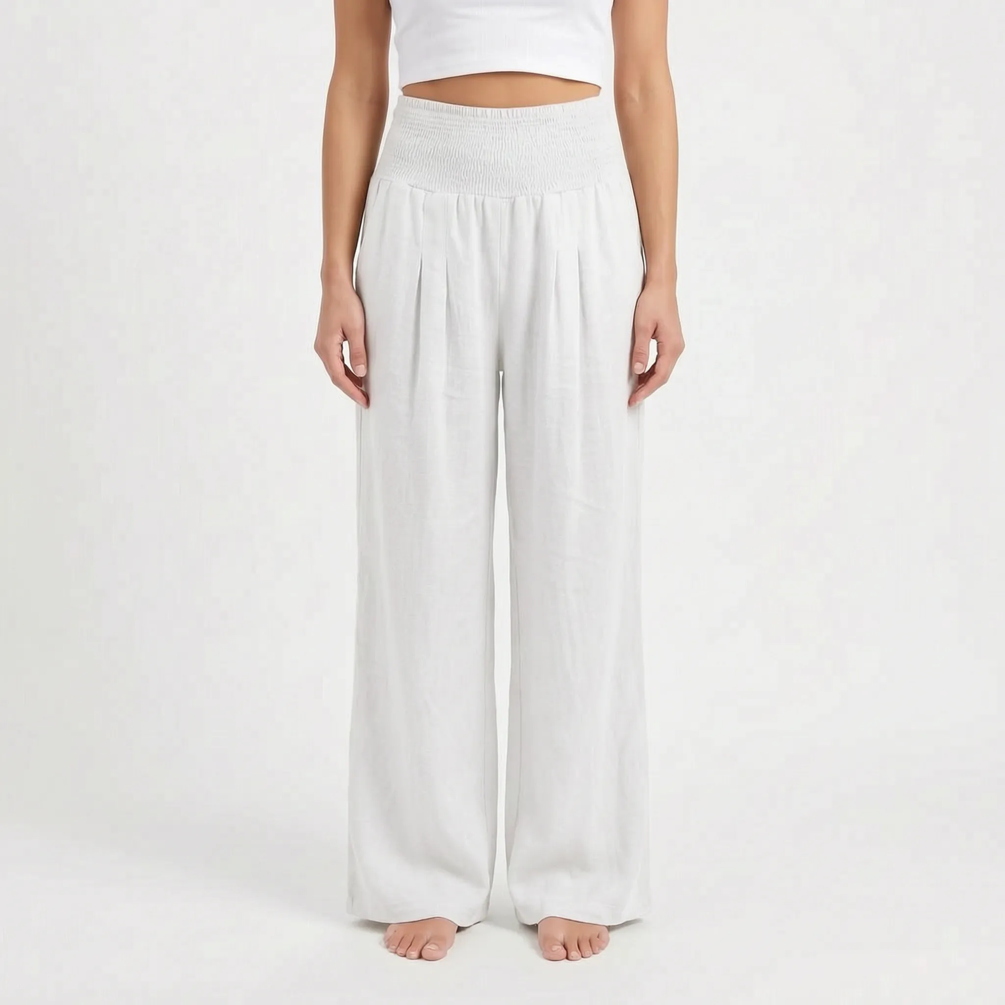 Aeraflow - High-Waisted Smocked Wide-Leg Trousers