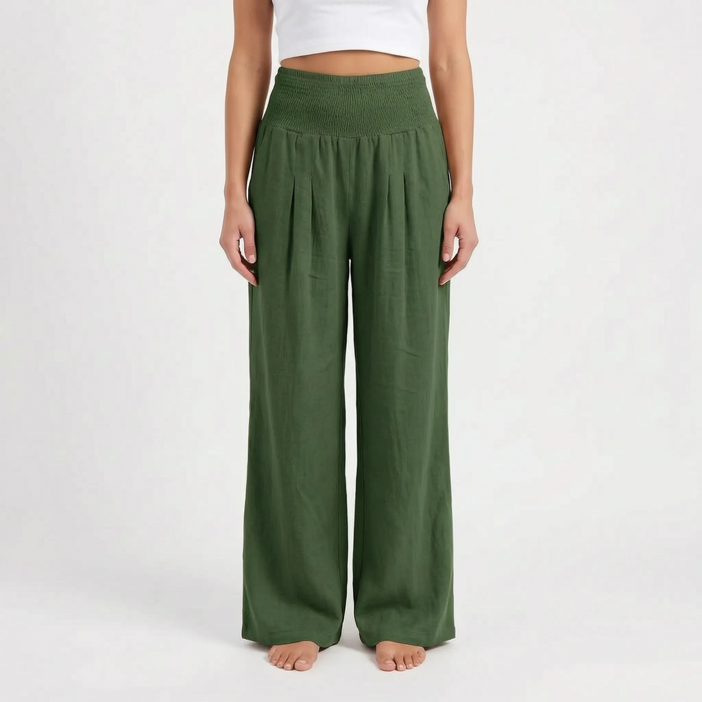 Aeraflow - High-Waisted Smocked Wide-Leg Trousers