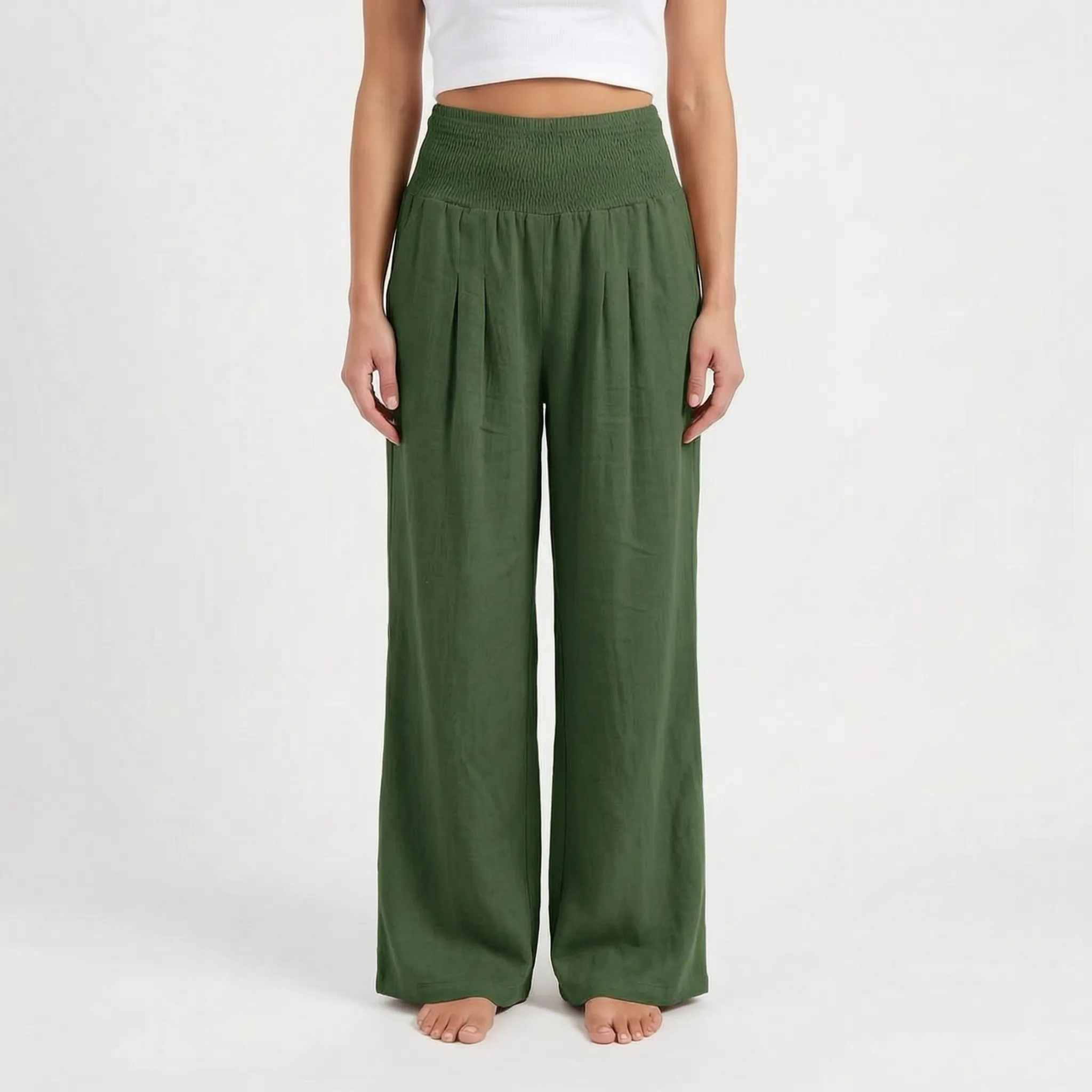 Aeraflow - High-Waisted Smocked Wide-Leg Trousers