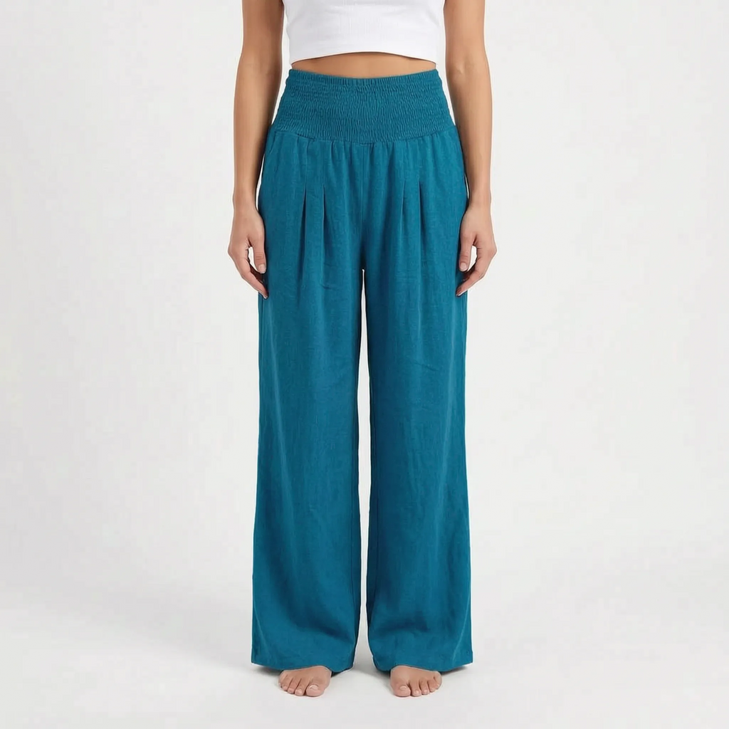 Aeraflow - High-Waisted Smocked Wide-Leg Trousers