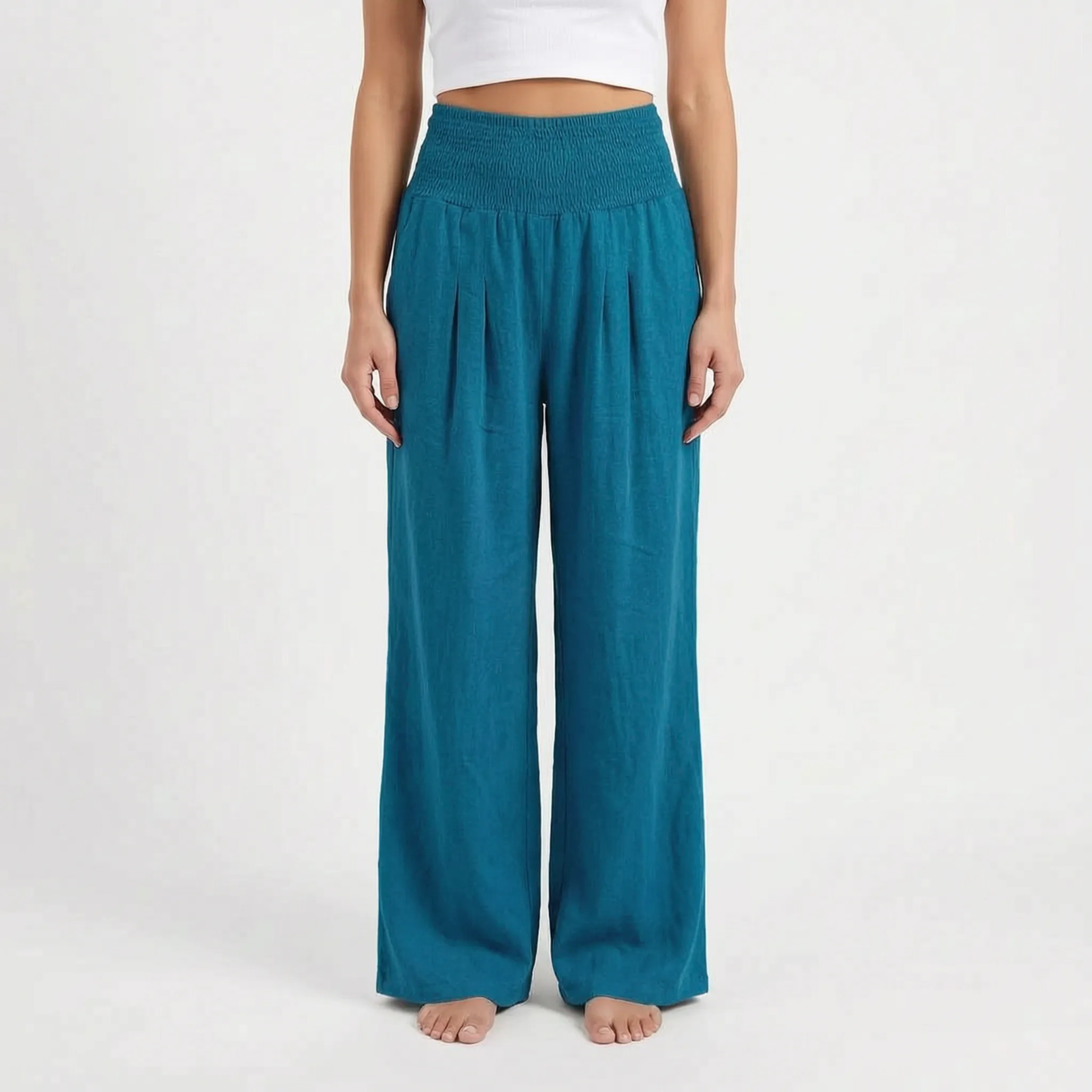 Aeraflow - High-Waisted Smocked Wide-Leg Trousers