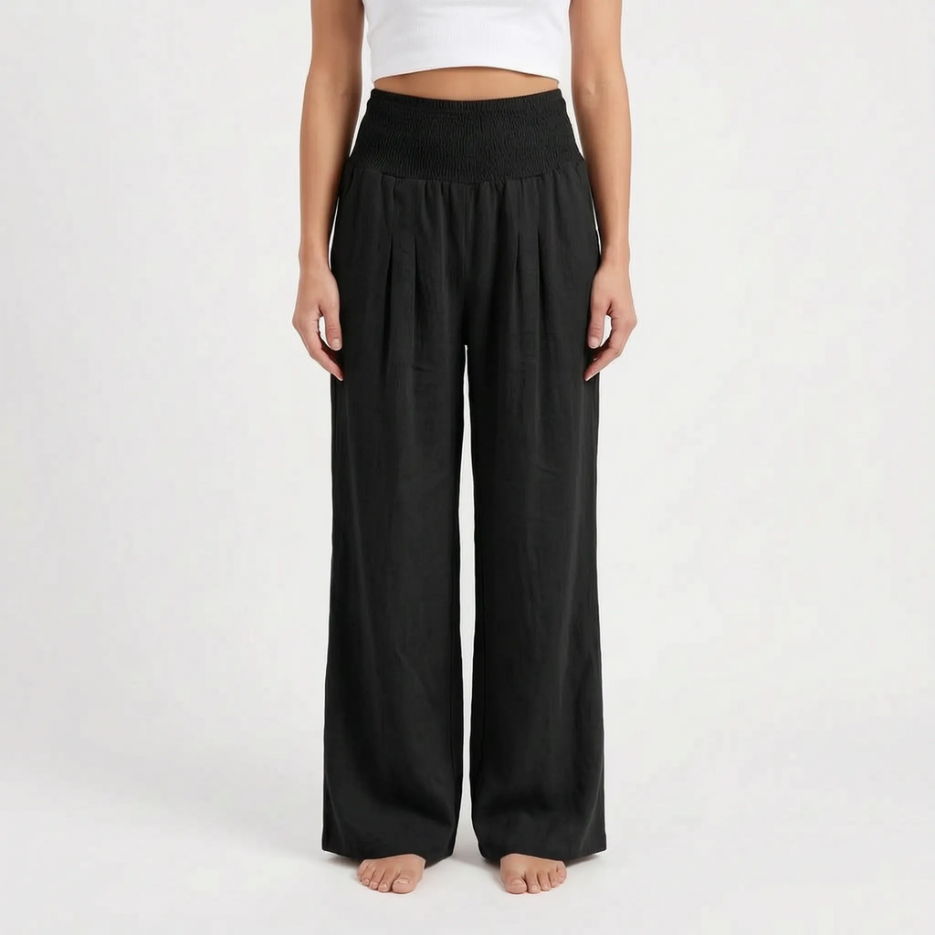 Aeraflow - High-Waisted Smocked Wide-Leg Trousers