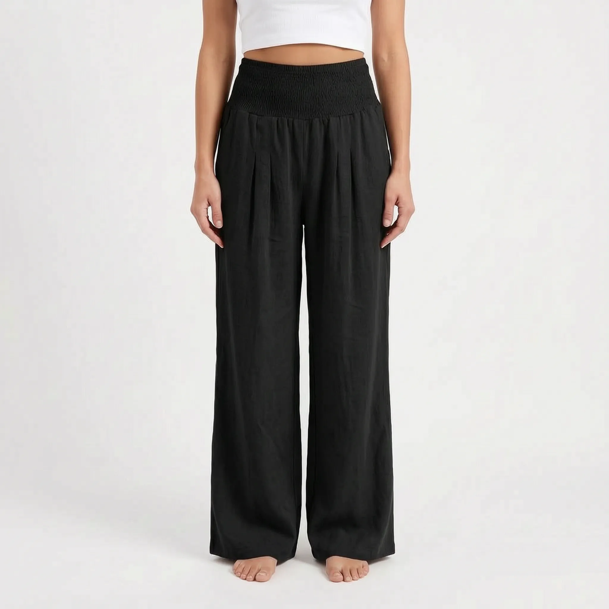 Aeraflow - High-Waisted Smocked Wide-Leg Trousers