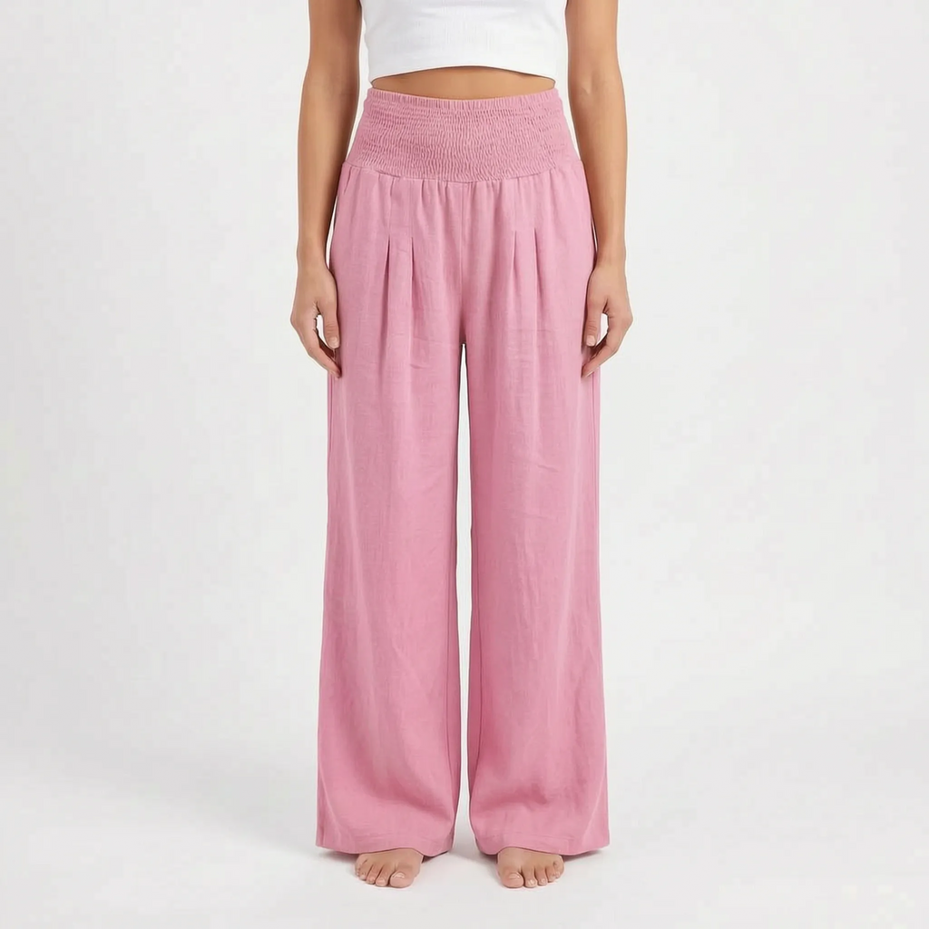 Aeraflow - High-Waisted Smocked Wide-Leg Trousers