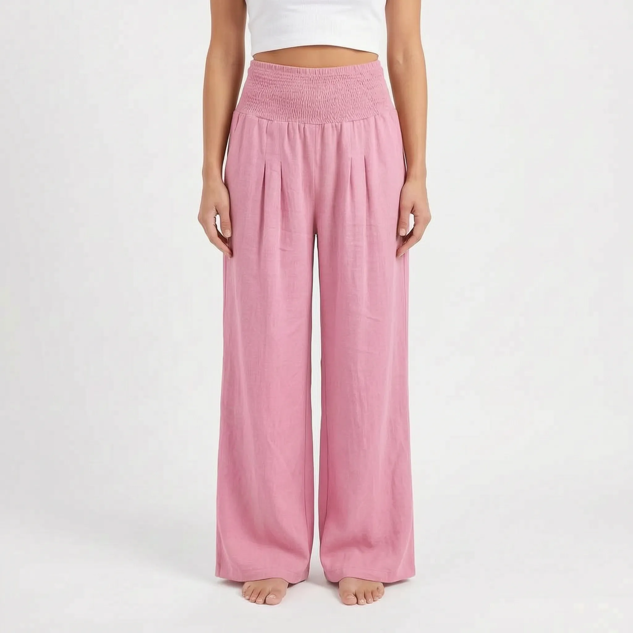 Aeraflow - High-Waisted Smocked Wide-Leg Trousers