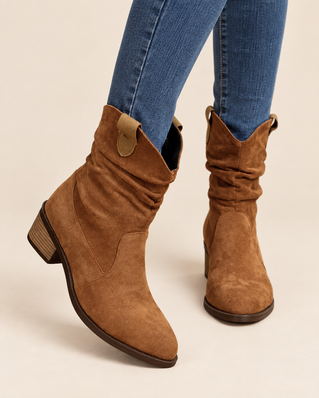 A pair of women's brown suede ankle boots with a slouchy shaft and low block heel, shown on a model wearing blue jeans against a light beige background.