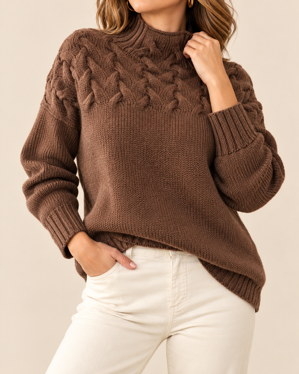 A woman wearing a brown cable-knit mock neck sweater and white pants, shown from the neck down against a plain beige background.
