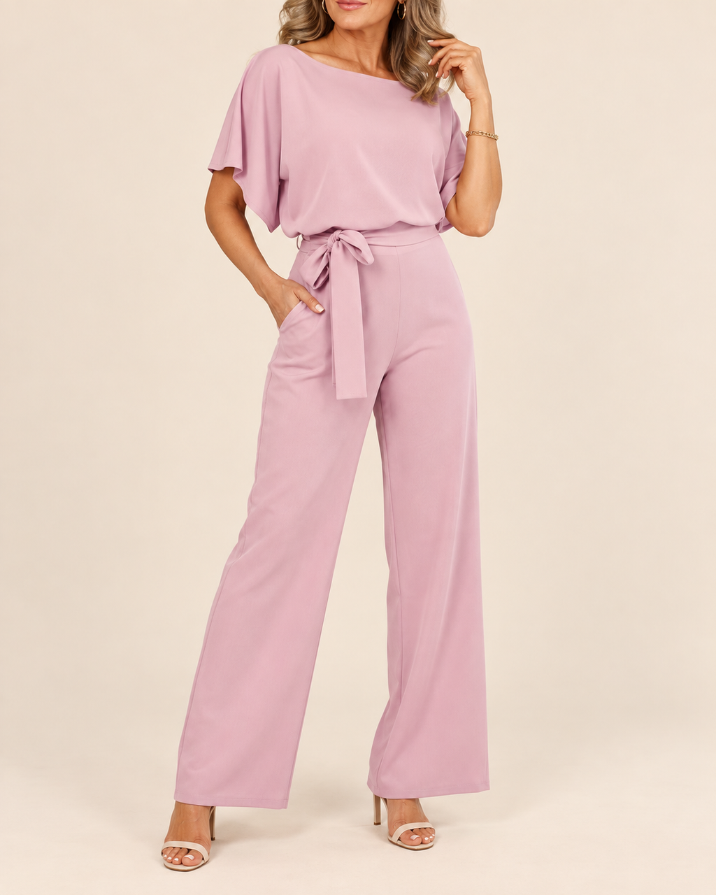 A woman modeling a dusty pink two-piece set consisting of a short-sleeve tie-front top and matching wide-leg pants, paired with white heeled sandals against a solid beige studio background.