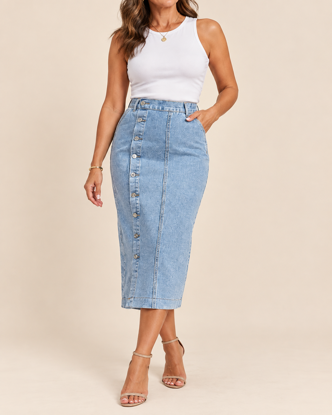 A woman modeling a light blue denim midi skirt with a button-down front, paired with a white sleeveless top and beige heeled sandals, against a solid beige studio background.