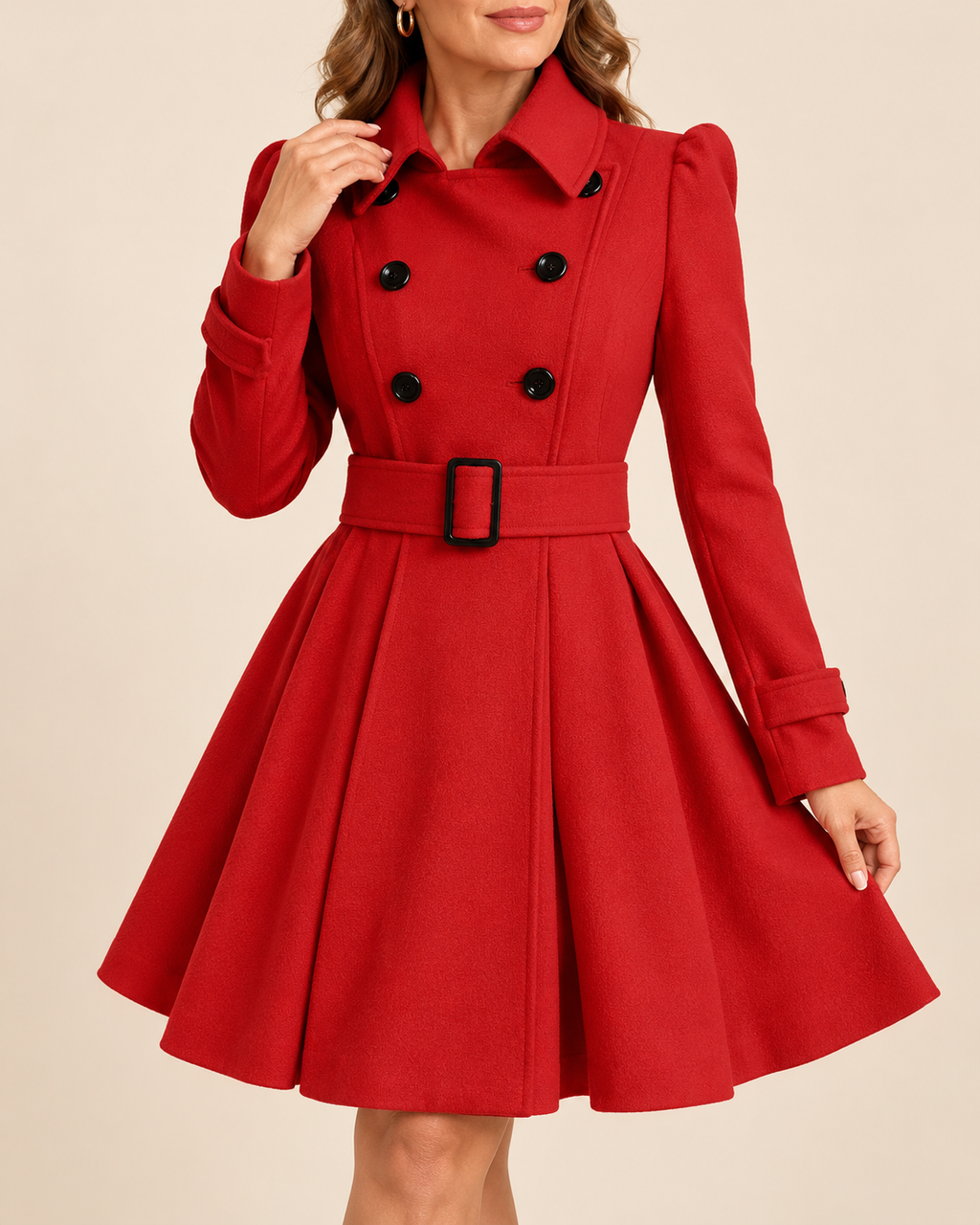 A woman wearing a bright red double-breasted coat with a matching waist belt and black buttons, photographed against a plain beige studio background.