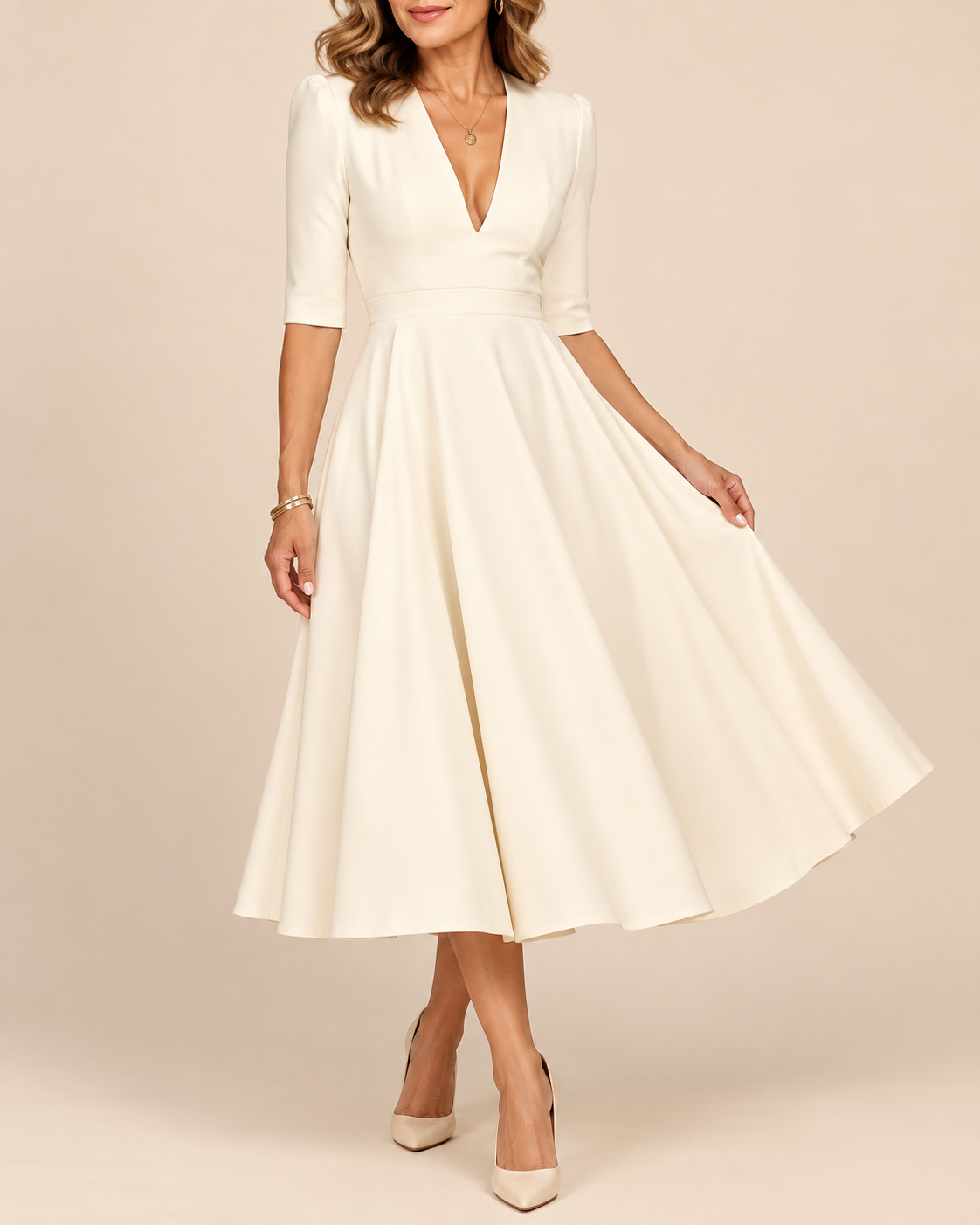 A woman models a cream-colored, knee-length A-line dress with a deep V-neckline, elbow-length sleeves, and a flared skirt, paired with beige high heels against a solid beige background.