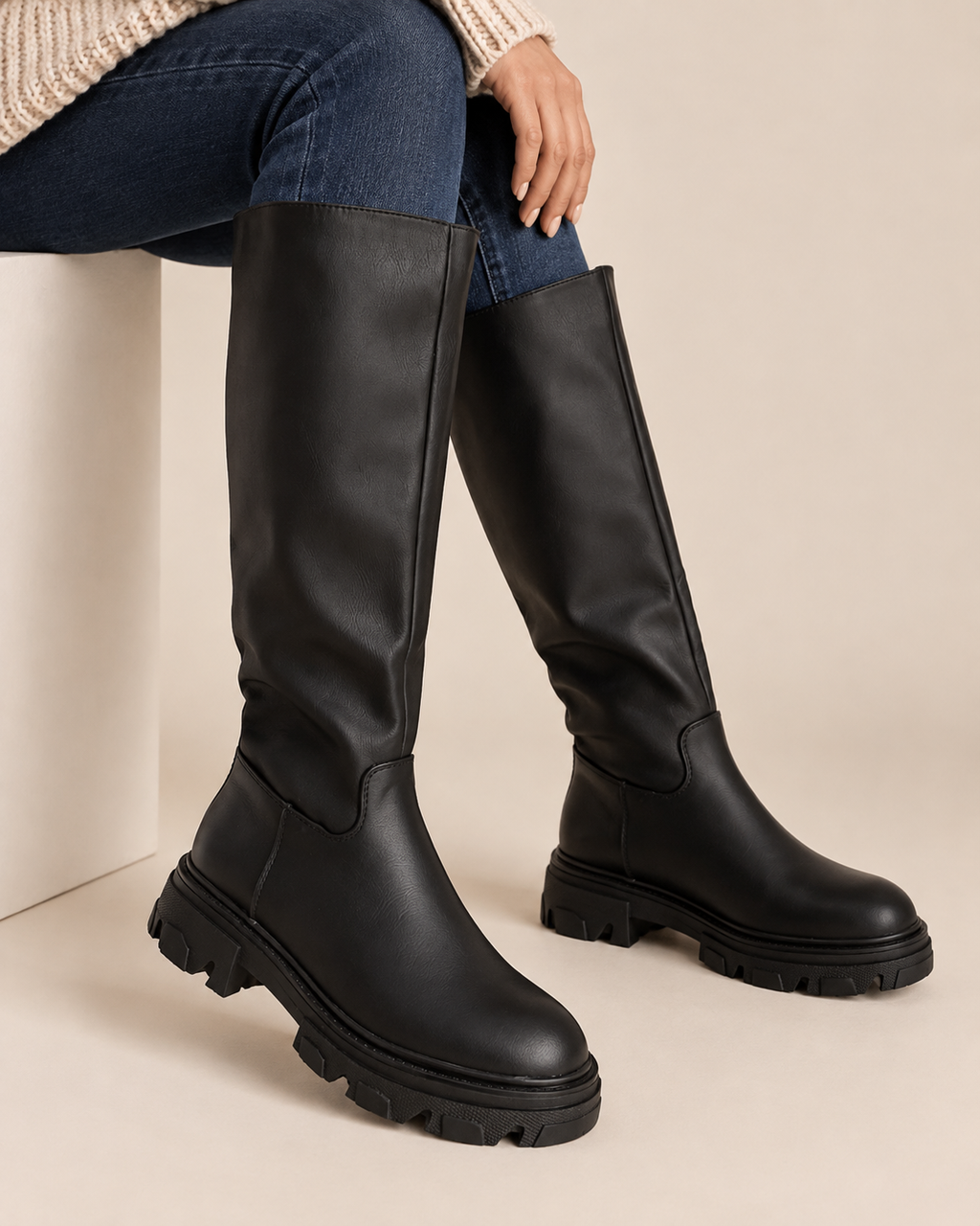 A pair of black knee-high leather boots with chunky lug soles, shown on a model wearing blue jeans against a warm beige background.
