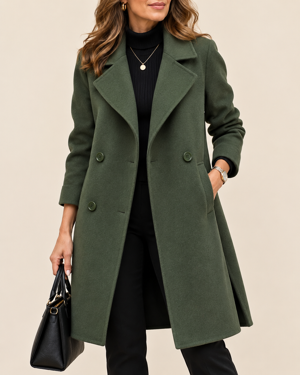 A woman wearing a mid-length olive green double-breasted coat over a black turtleneck and black pants, holding a black handbag against a plain beige studio background.