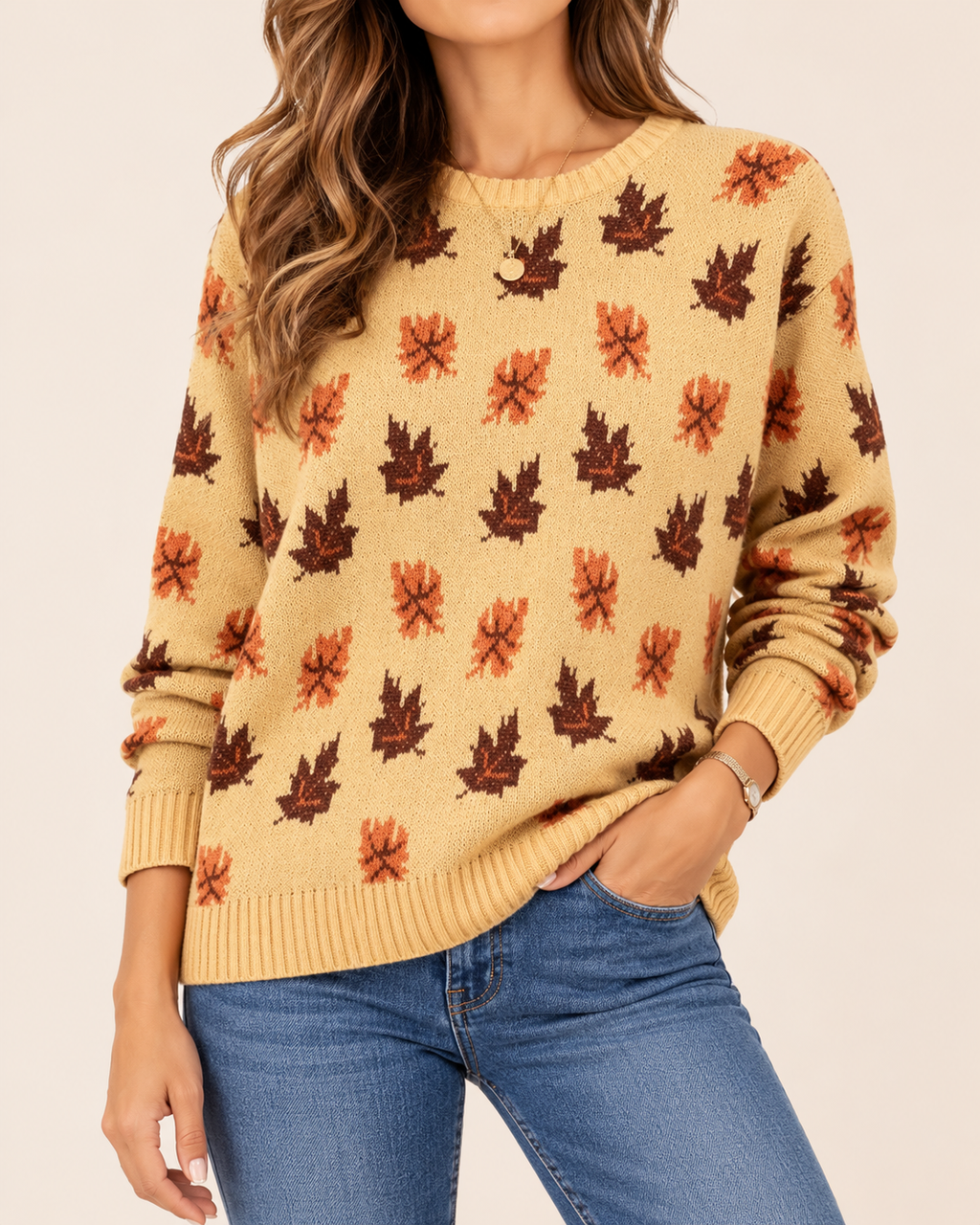 Elara | Women's Cosy Knitted Jumper with Autumn Leaf Pattern