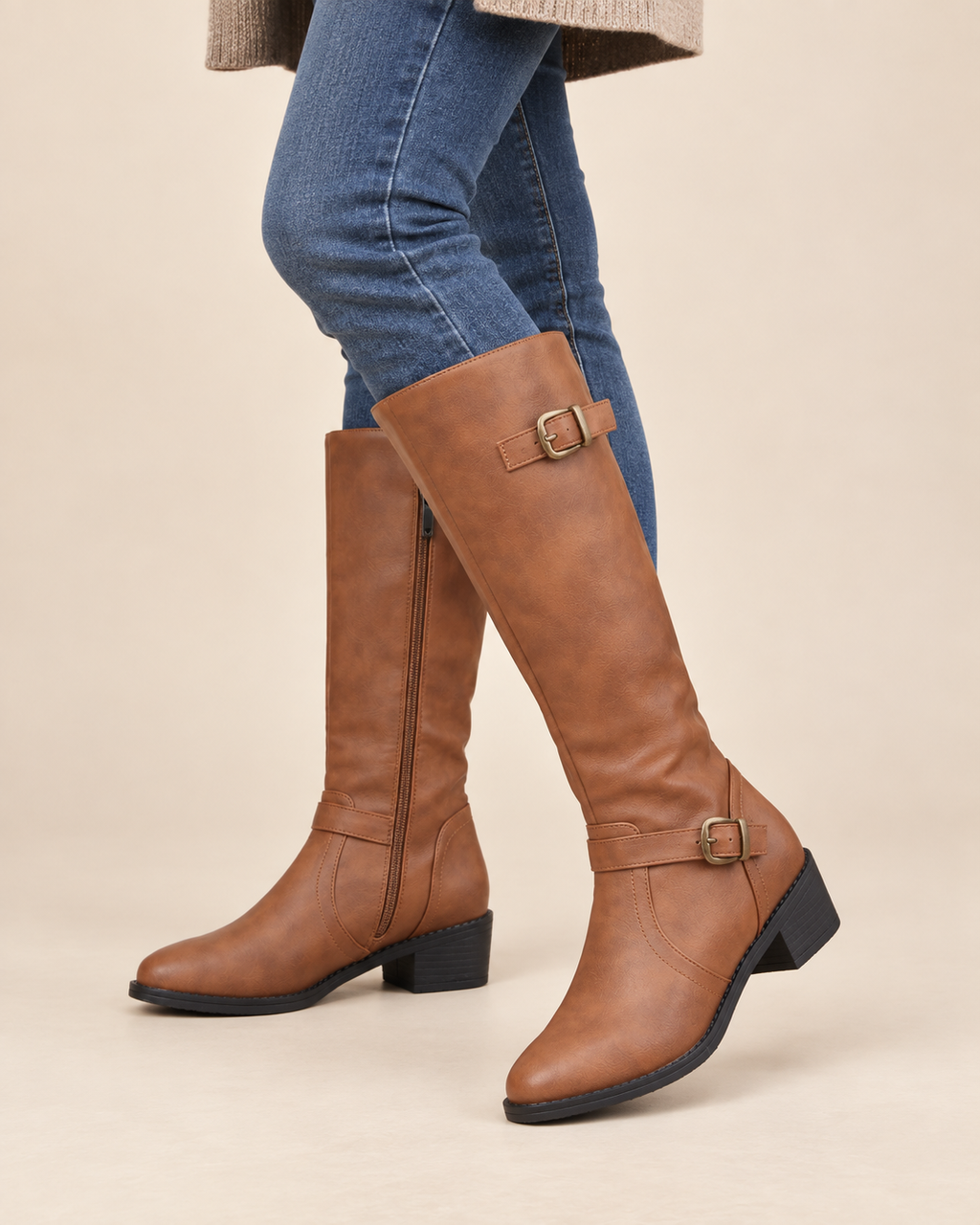 A pair of knee-high brown faux-leather boots with buckle straps, shown on a model wearing blue jeans against a beige studio background.