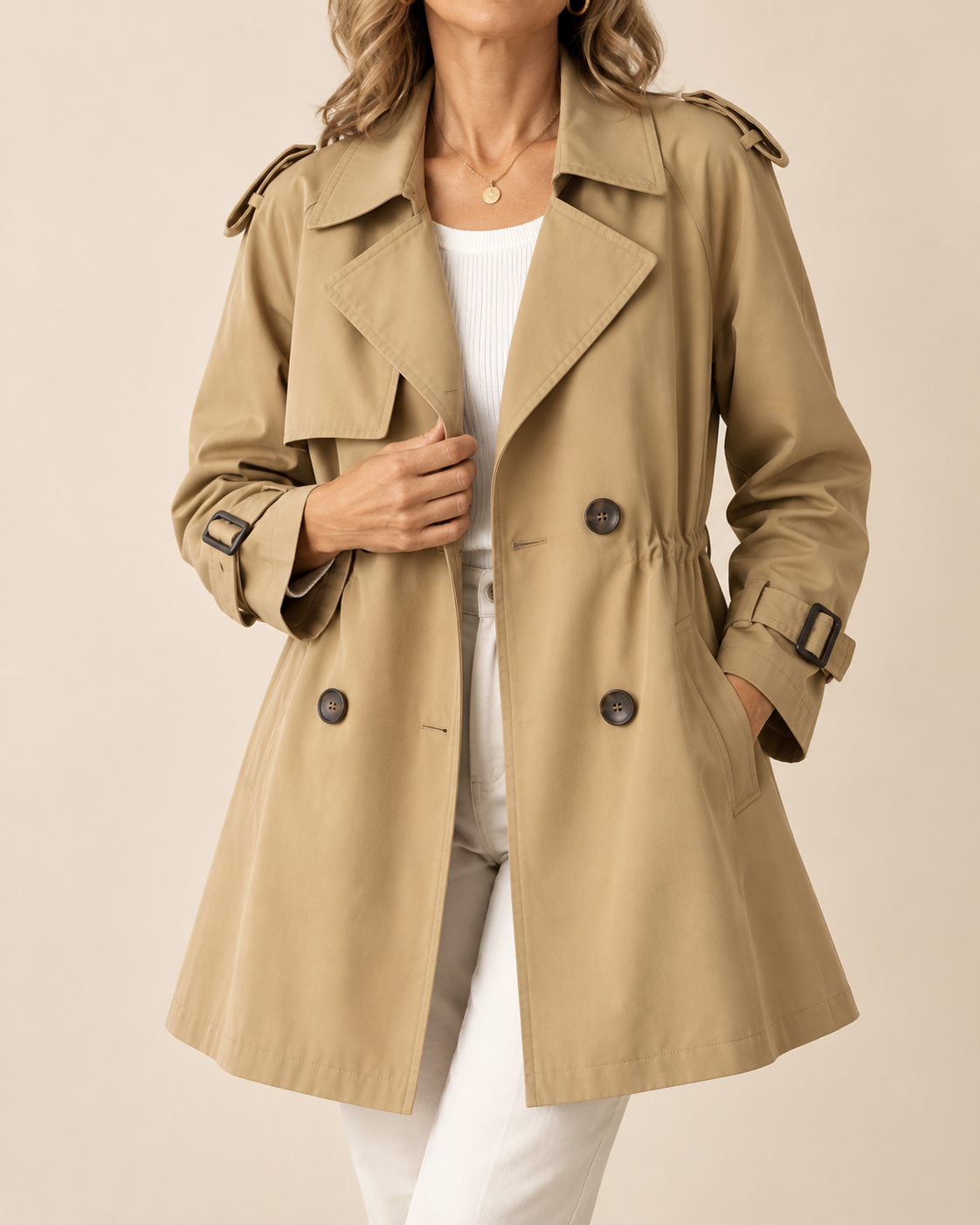 A woman wearing a classic beige trench coat over a white top and white pants, shown from the neck down against a solid light beige background.