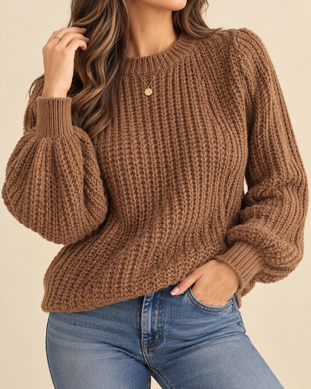 A woman wearing a chunky brown knit sweater with balloon sleeves and blue jeans, shown from the neck down against a plain beige background.