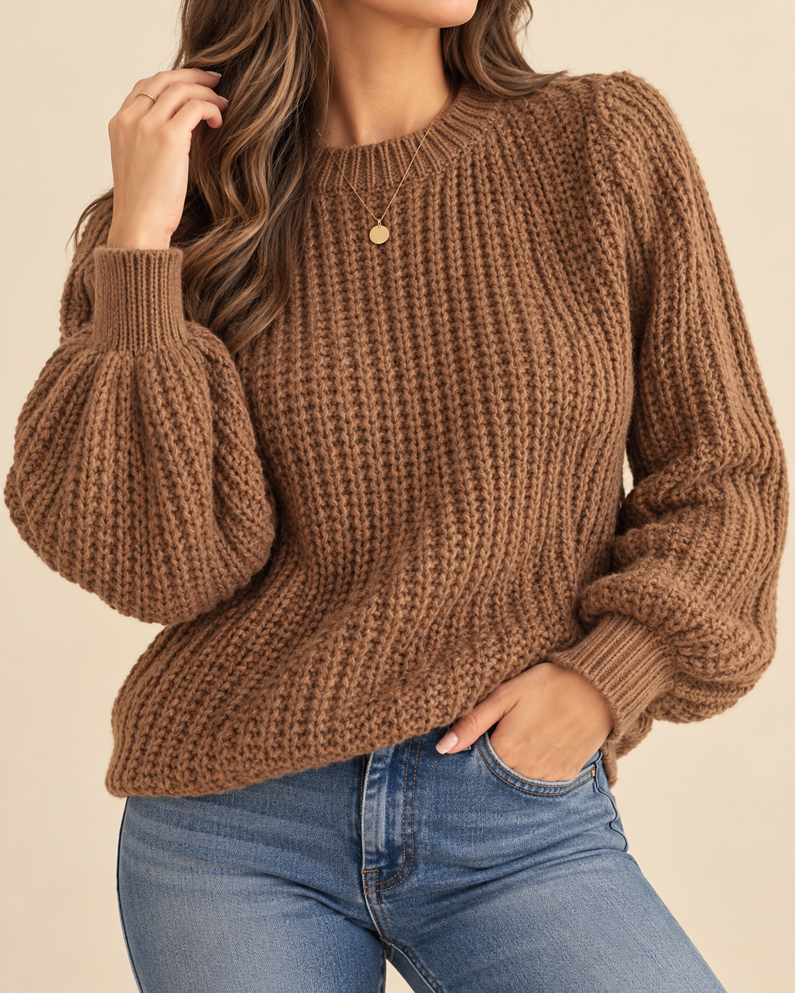 A woman wearing a chunky brown knit sweater with balloon sleeves and blue jeans, shown from the neck down against a plain beige background.