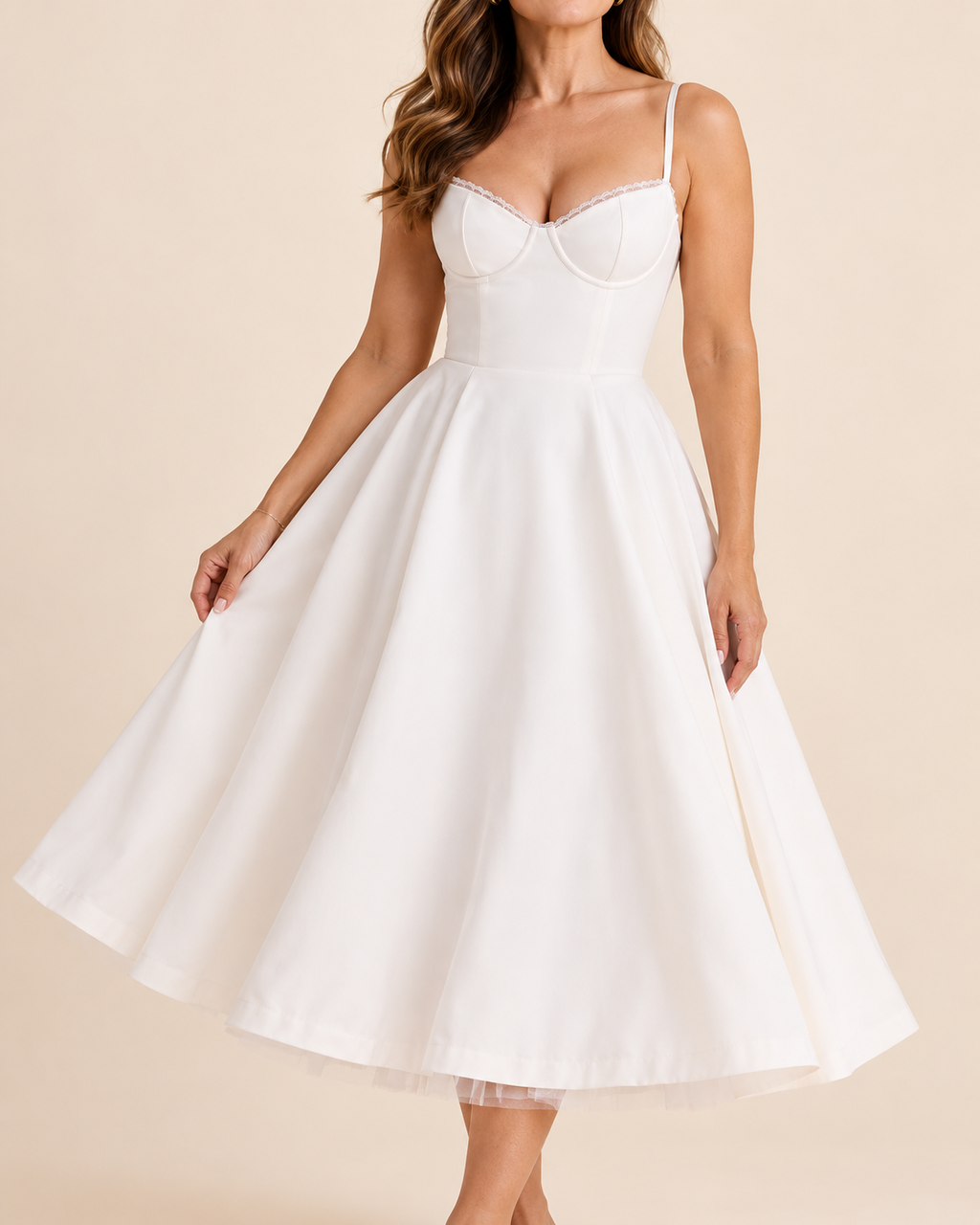 A woman wearing a white A-line midi dress with a sweetheart neckline, structured corset-style bodice, thin spaghetti straps, and a flared skirt, posed against a solid beige studio background.