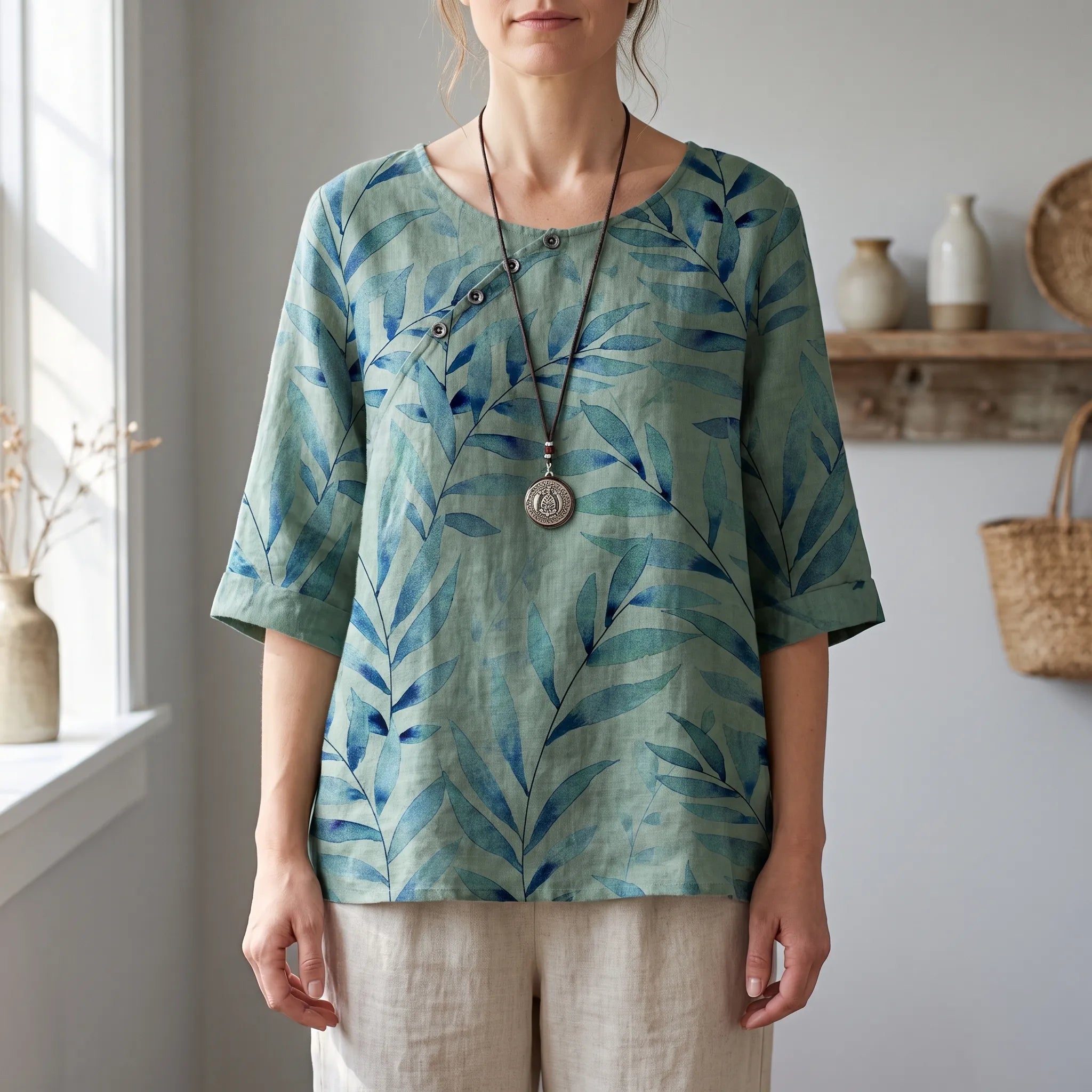 Foliana - Relaxed Watercolour Leaf Print Women's Top