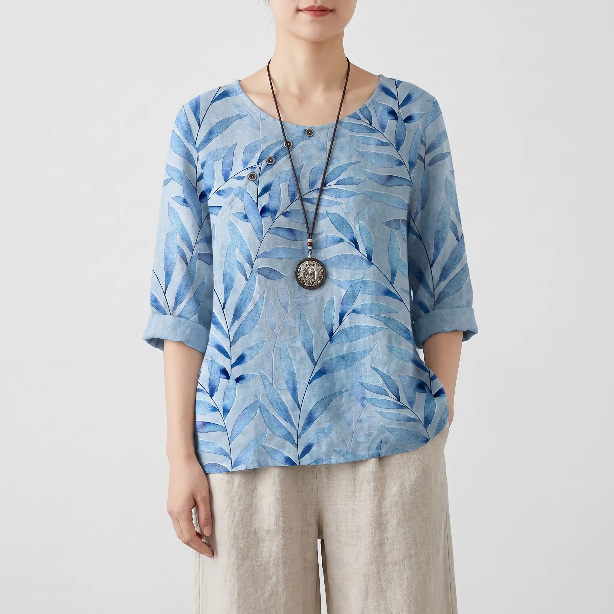 Foliana - Relaxed Watercolour Leaf Print Women's Top