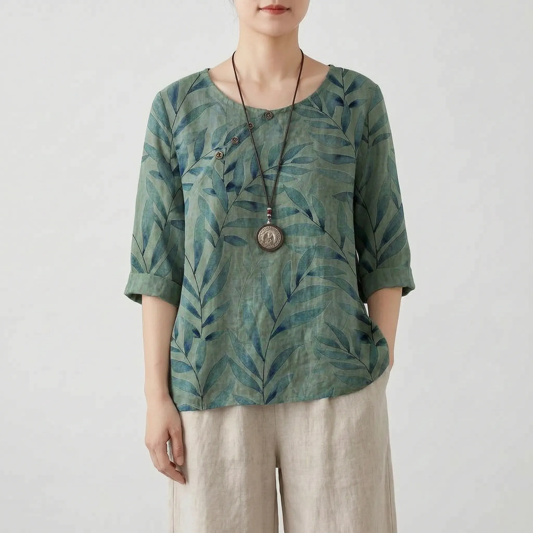 Foliana - Relaxed Watercolour Leaf Print Women's Top