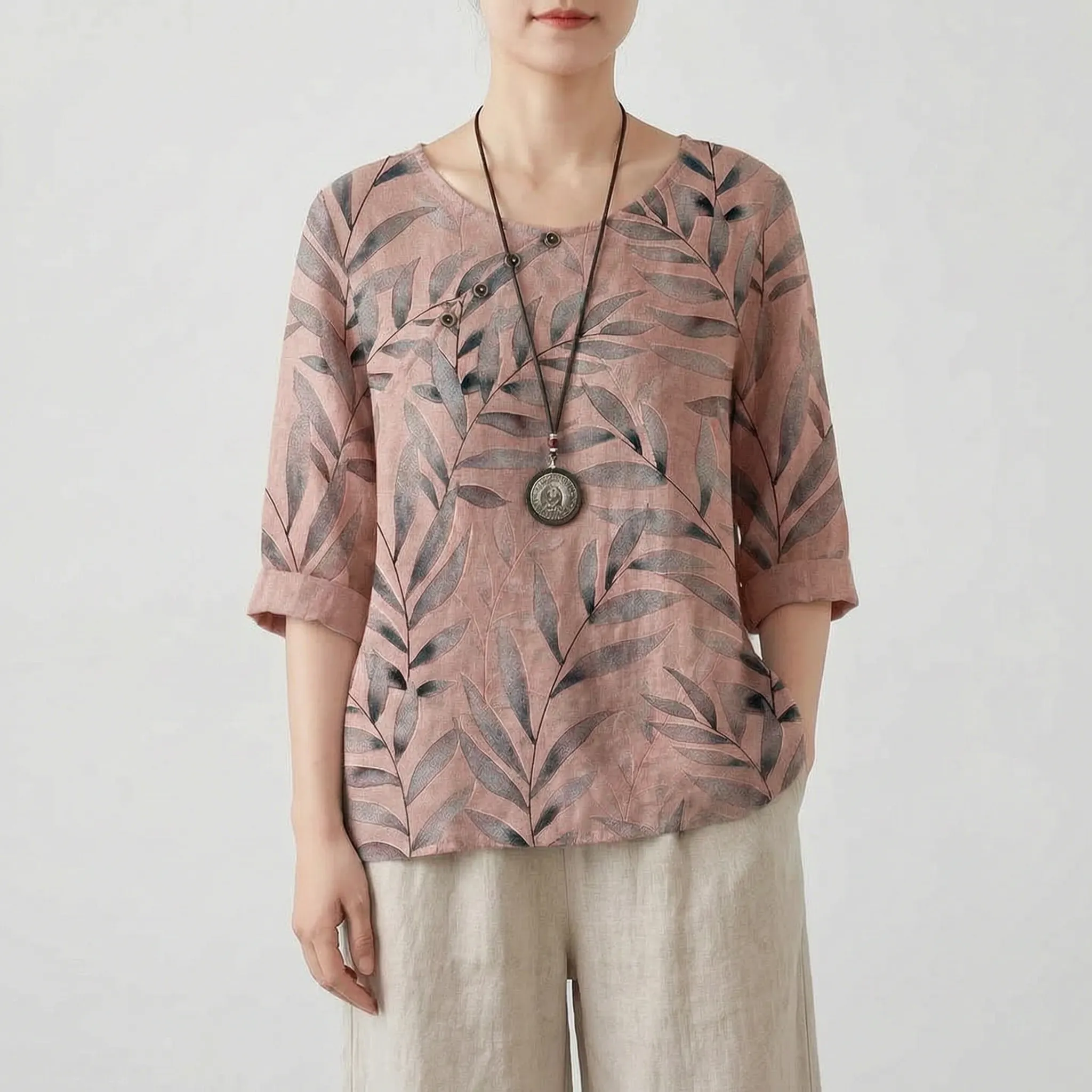 Foliana - Relaxed Watercolour Leaf Print Women's Top
