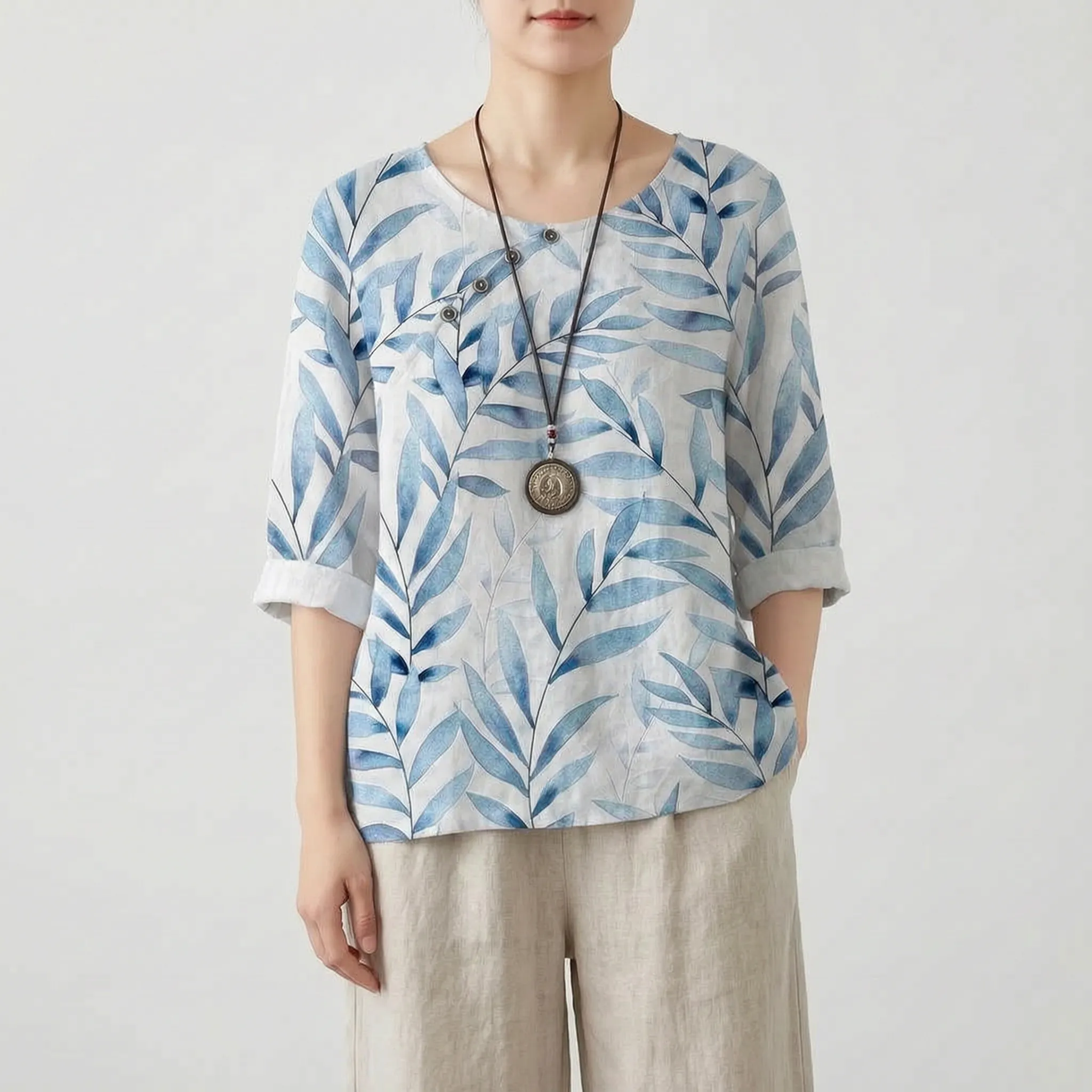 Foliana - Relaxed Watercolour Leaf Print Women's Top