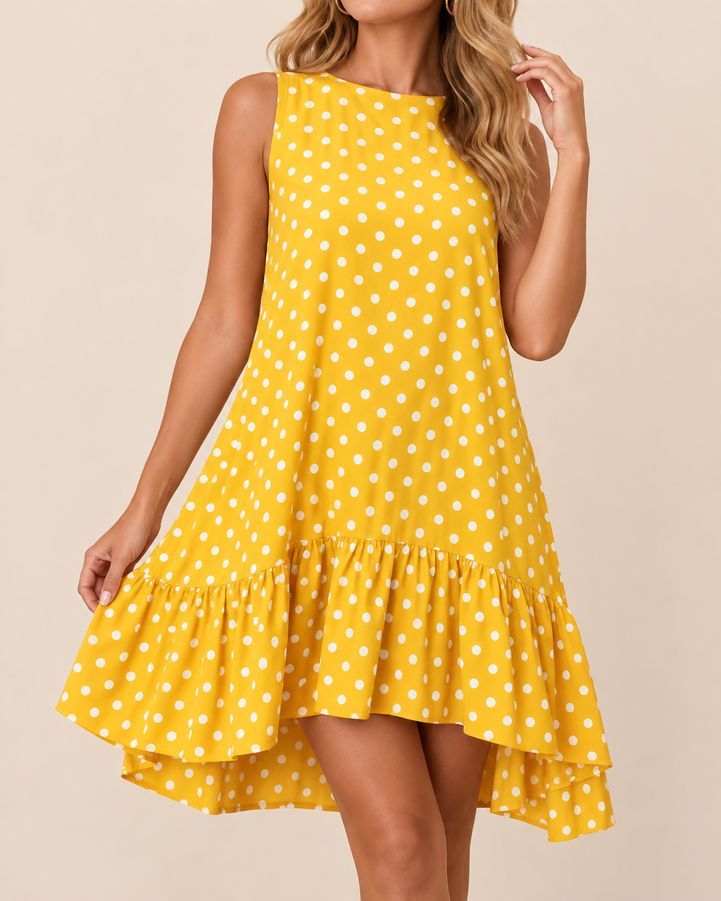 A woman wearing a sleeveless yellow high-low dress with white polka dots and a ruffled hem, photographed against a plain beige studio background.