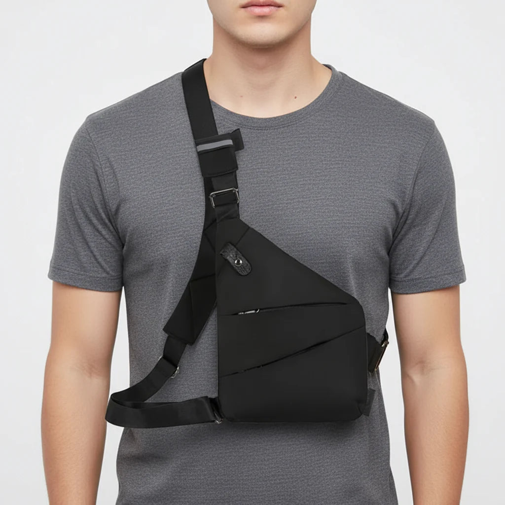 Person wearing a black shoulder bag on a plain background