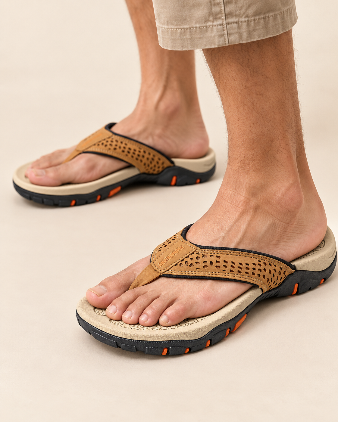A close-up of a person wearing tan perforated thong sandals with beige footbeds and black soles with small orange accents, shown against a plain light beige background.