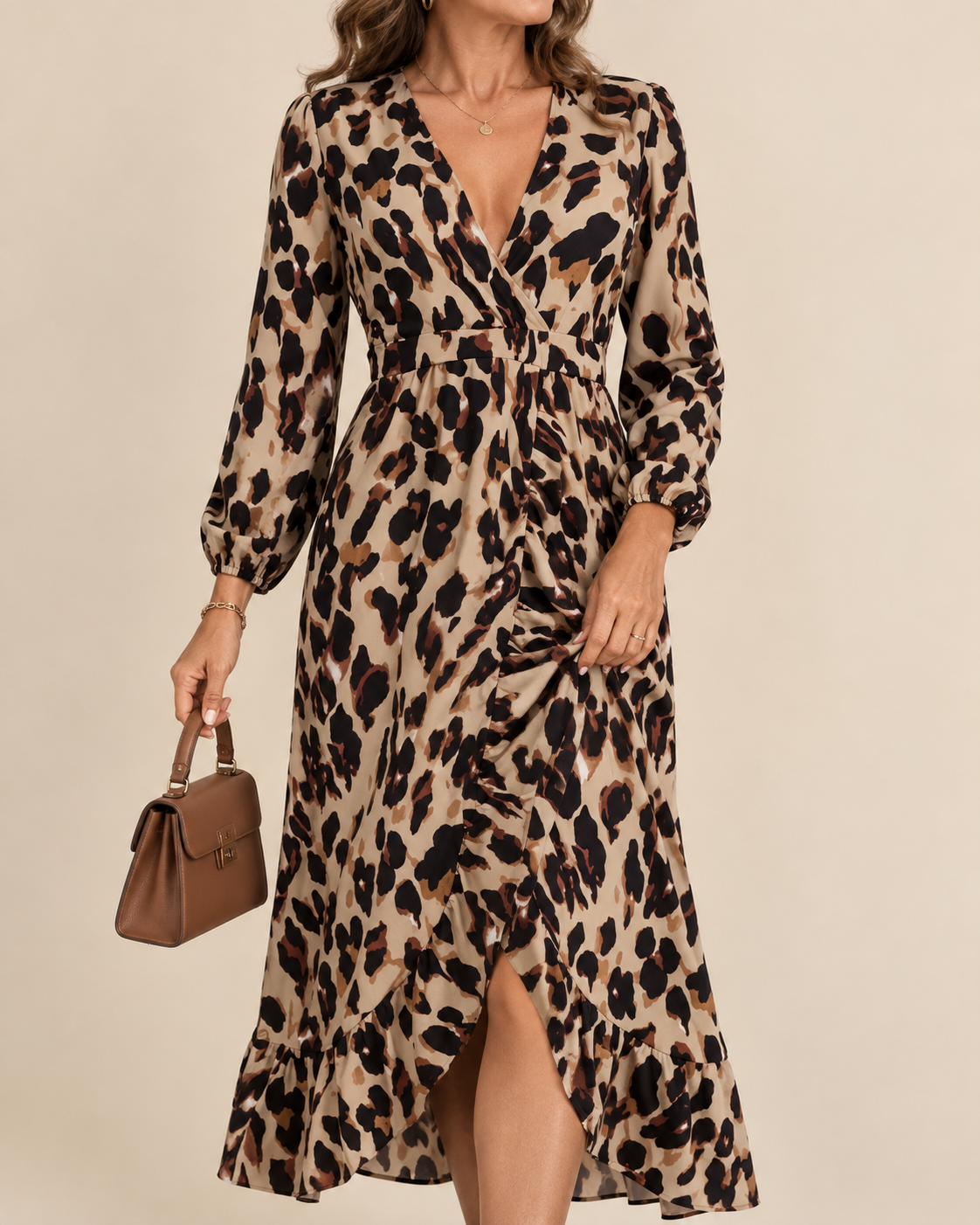 A woman models a long-sleeve leopard-print midi dress with a wrap-style V-neck and gathered waist. She is holding a small brown handbag against a plain beige studio background.