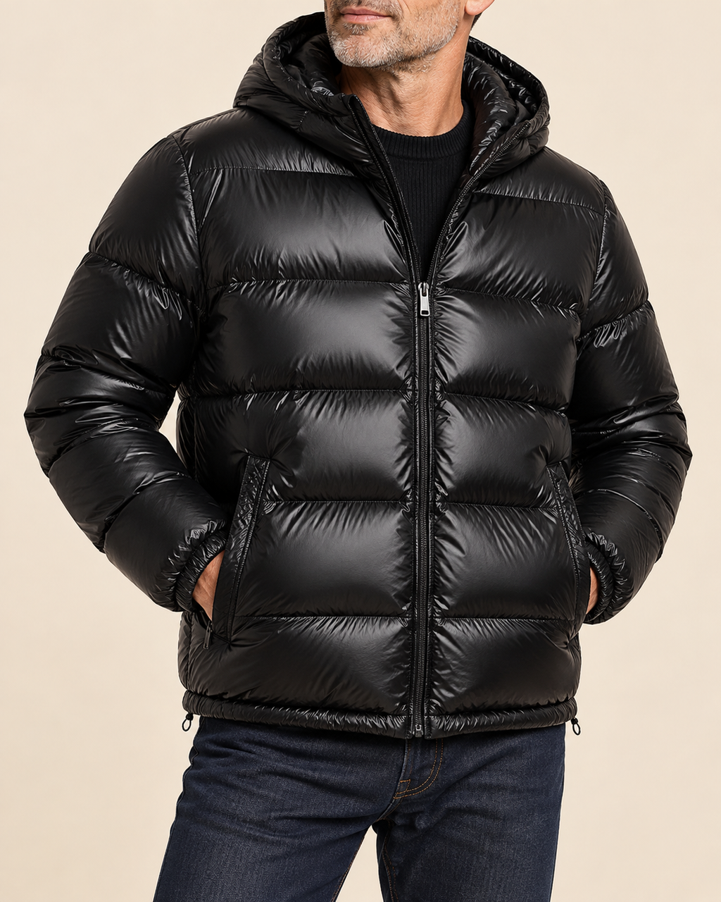 A man wearing a shiny black hooded puffer jacket with horizontal quilting, paired with dark blue jeans and a black shirt, against a solid beige background.
