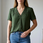 Lacetti - Textured V-Neck Short Sleeve Womens Blouse