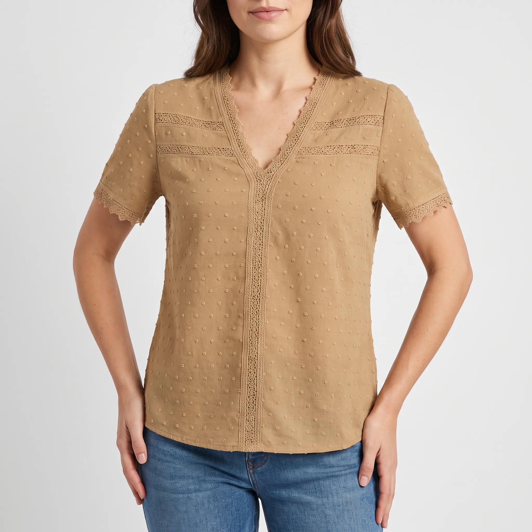 Lacetti - Textured V-Neck Short Sleeve Womens Blouse