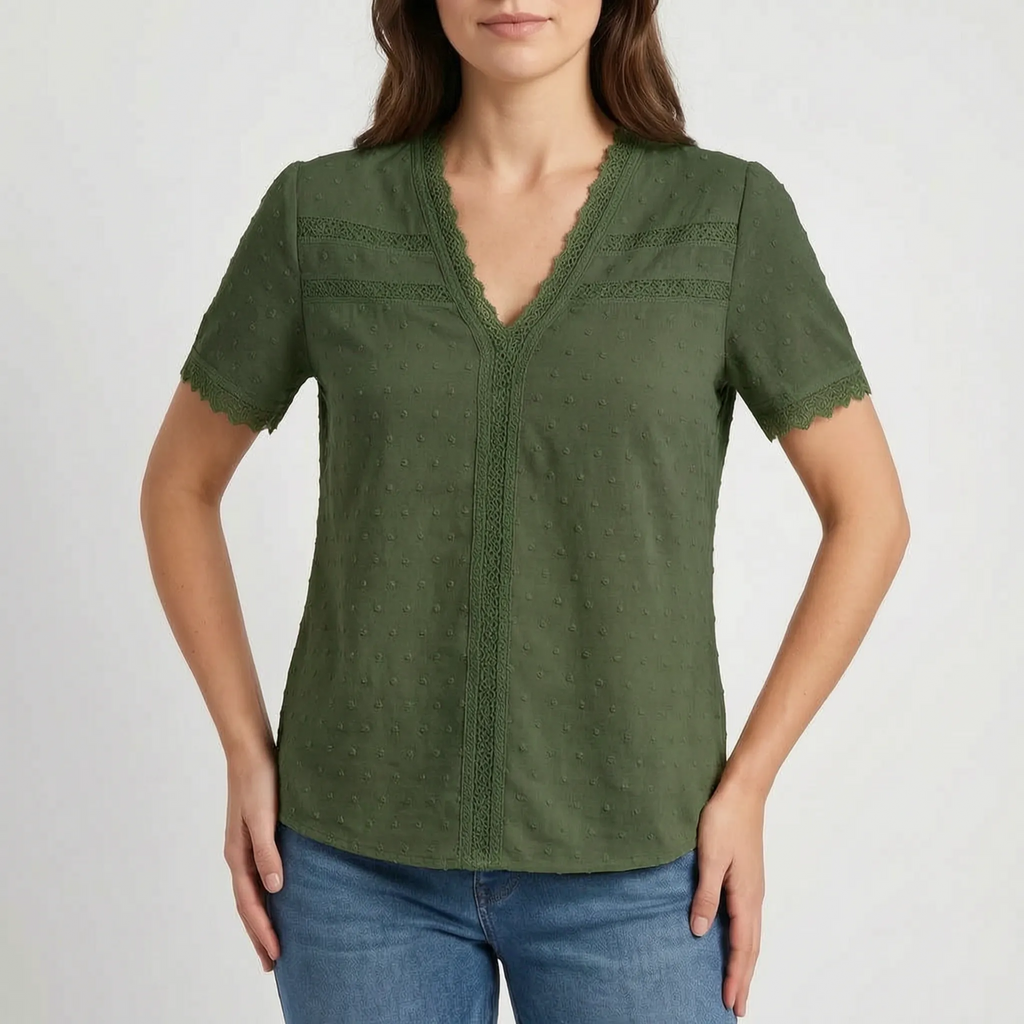 Lacetti - Textured V-Neck Short Sleeve Womens Blouse