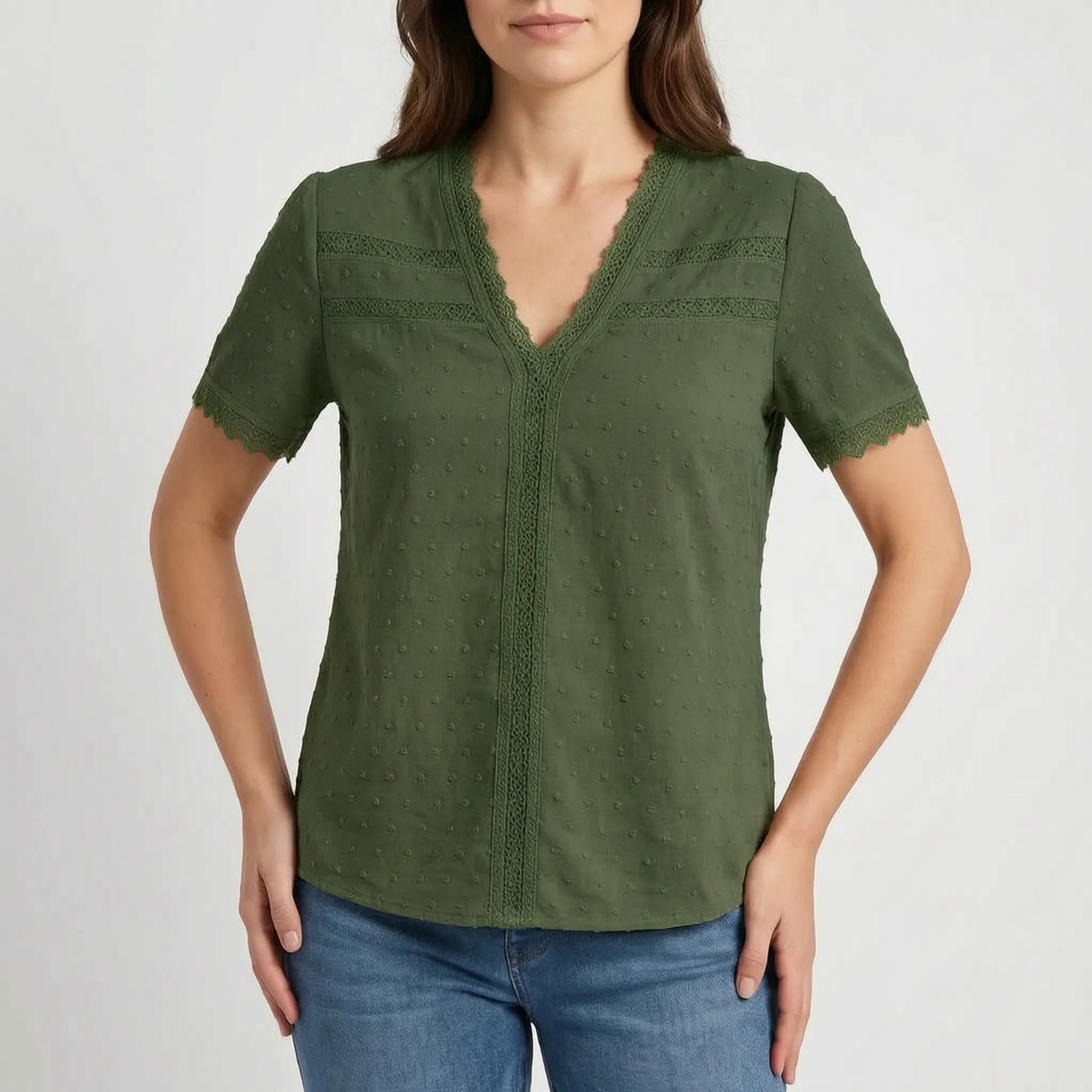 Lacetti - Textured V-Neck Short Sleeve Womens Blouse