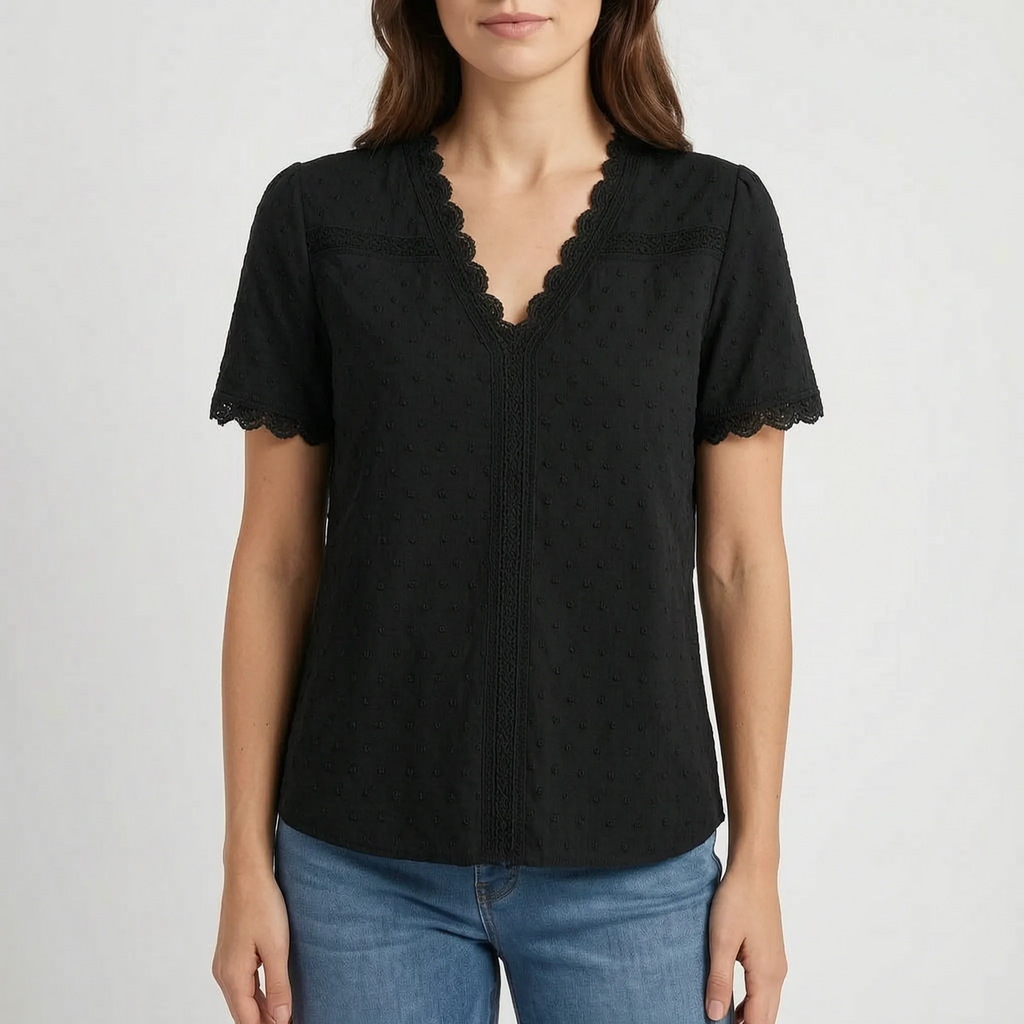 Lacetti - Textured V-Neck Short Sleeve Womens Blouse