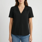 Lacetti - Textured V-Neck Short Sleeve Womens Blouse
