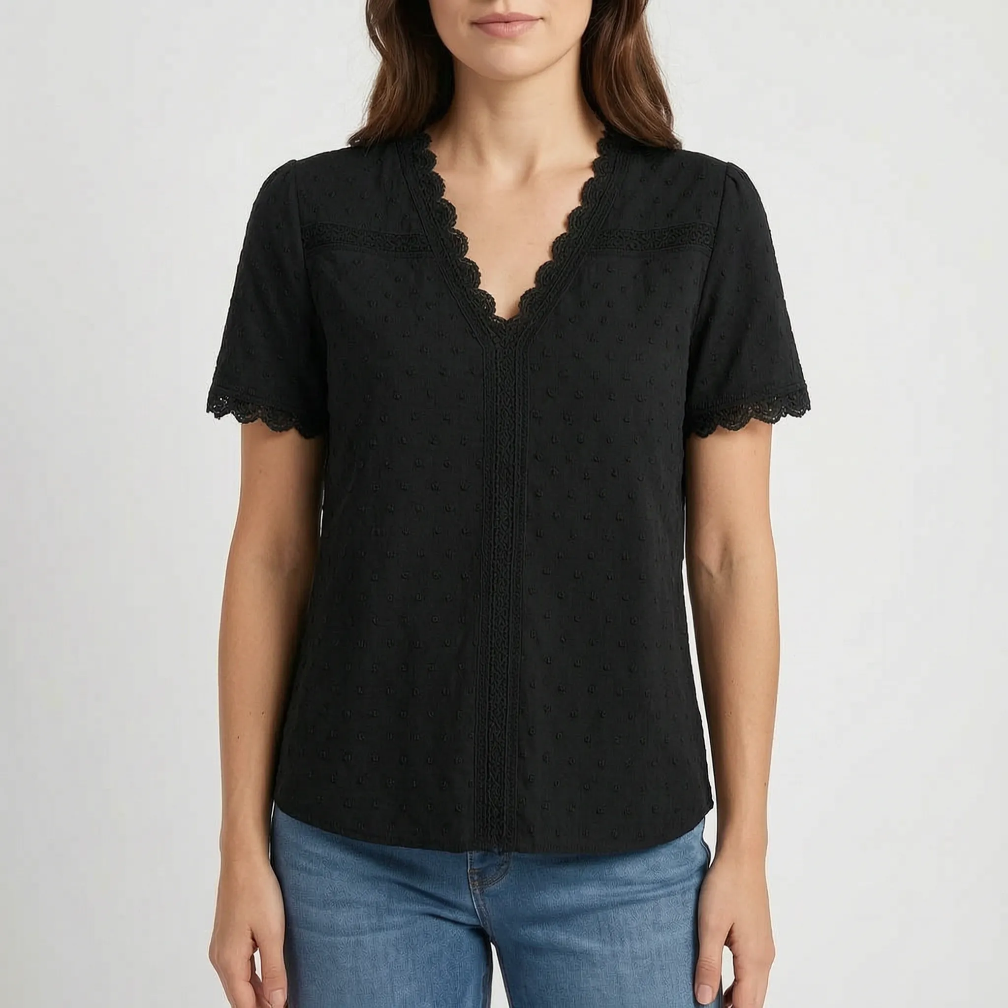 Lacetti - Textured V-Neck Short Sleeve Womens Blouse