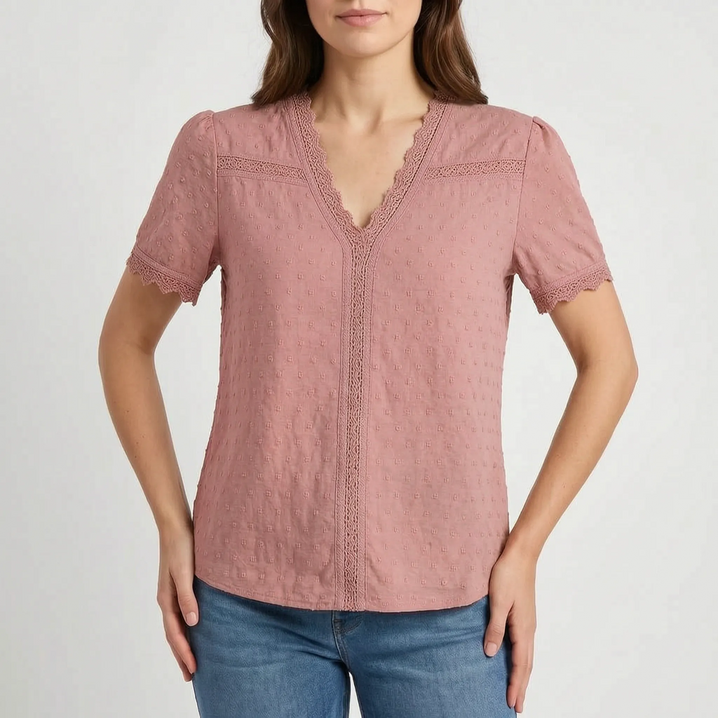 Lacetti - Textured V-Neck Short Sleeve Womens Blouse