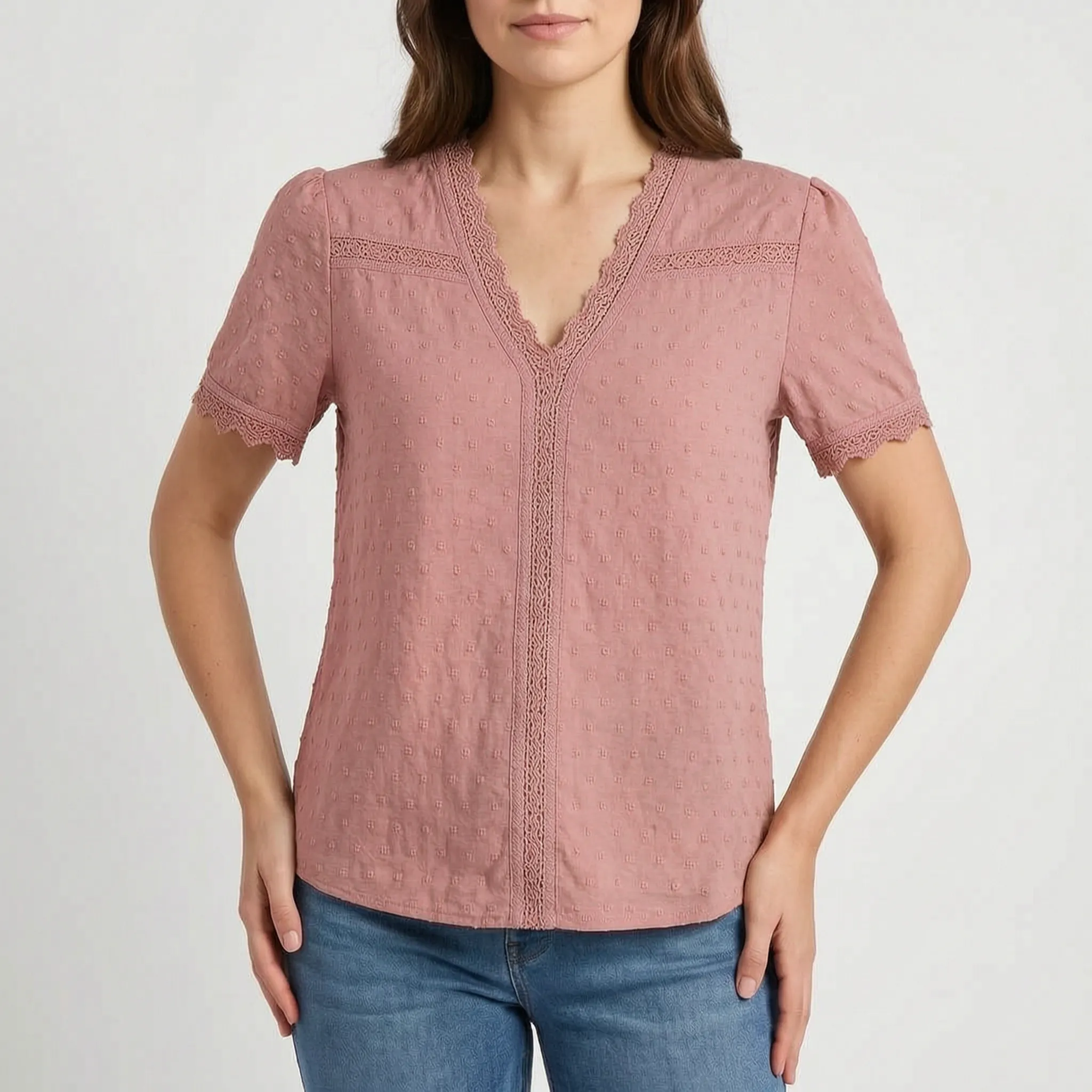 Lacetti - Textured V-Neck Short Sleeve Womens Blouse