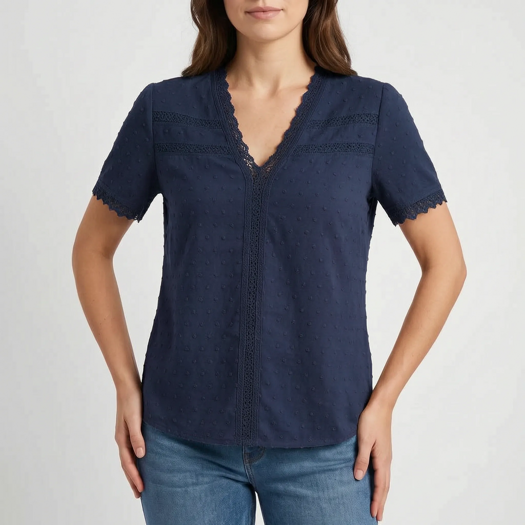 Lacetti - Textured V-Neck Short Sleeve Womens Blouse