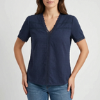 Lacetti - Textured V-Neck Short Sleeve Womens Blouse