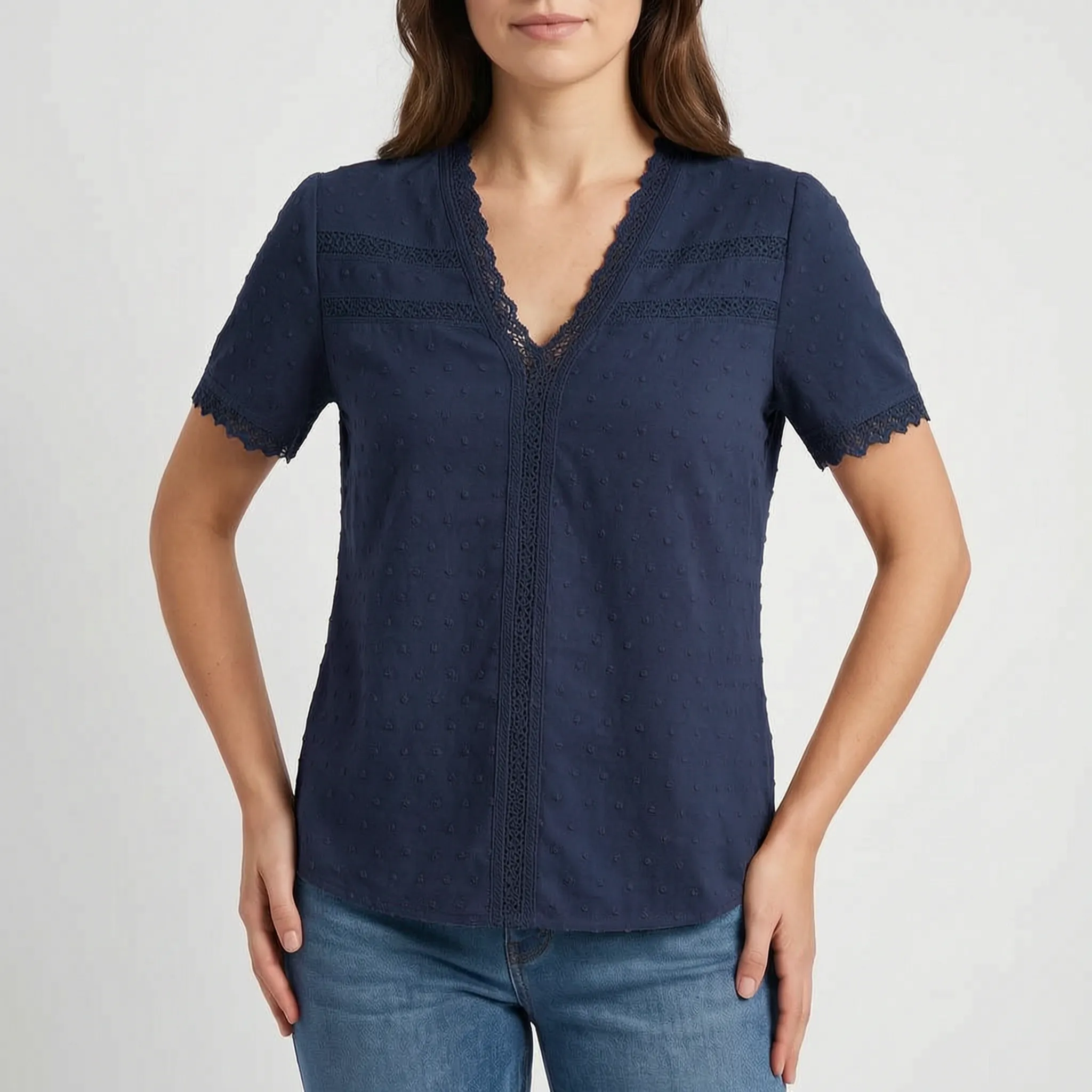 Lacetti - Textured V-Neck Short Sleeve Womens Blouse