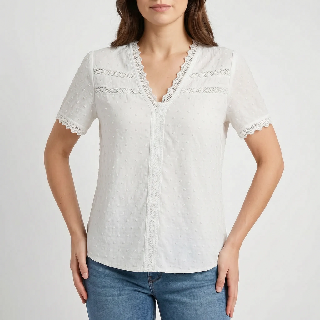 Lacetti - Textured V-Neck Short Sleeve Womens Blouse